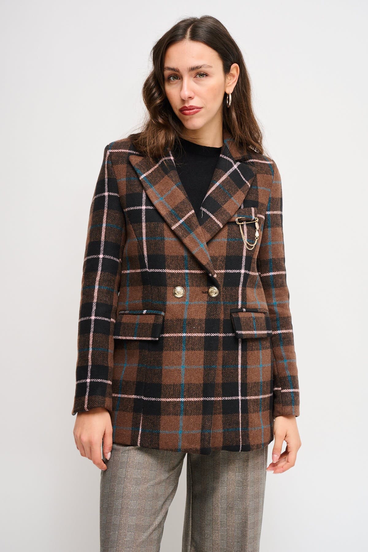 Giacca Check Doppiopetto Con Spilla Maryley
