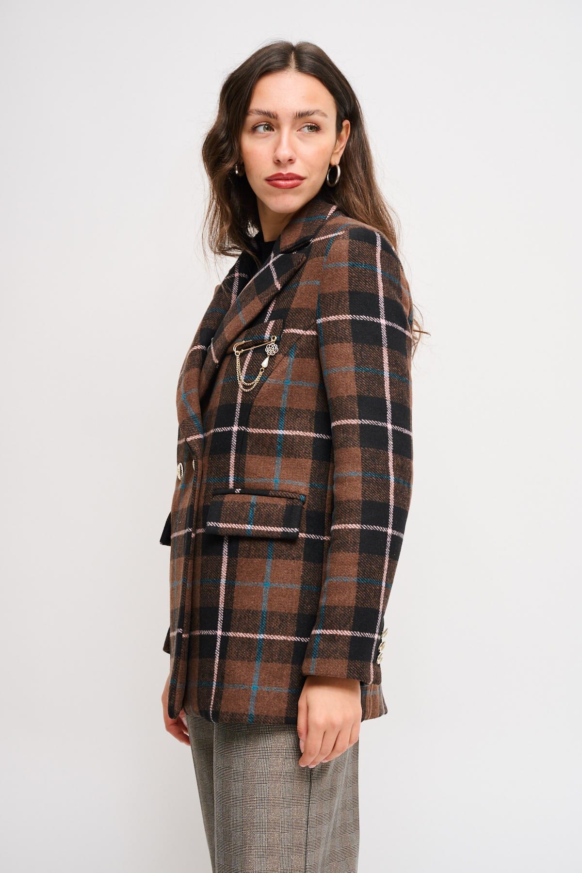 Giacca Check Doppiopetto Con Spilla Maryley