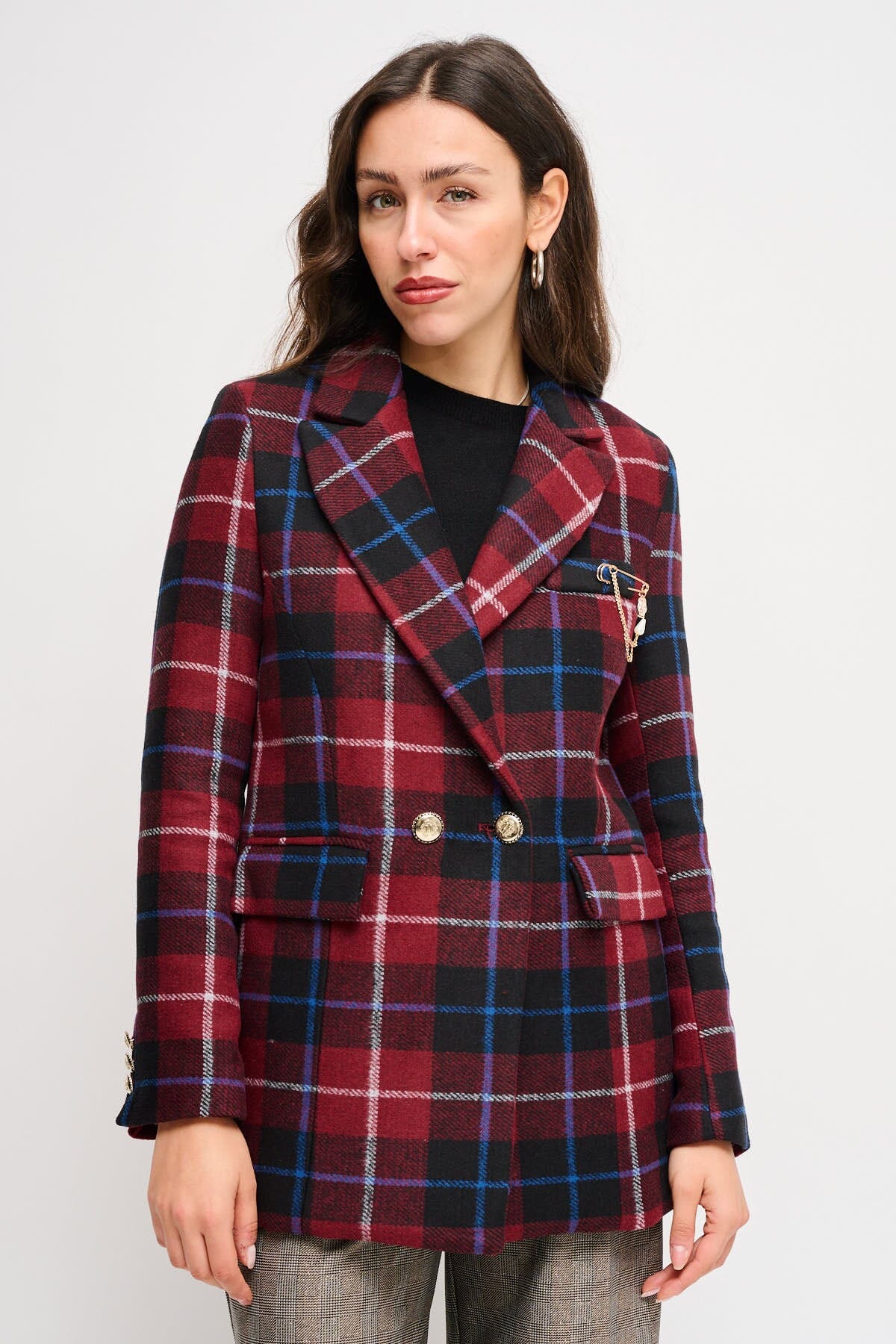 Giacca Check Doppiopetto Con Spilla Maryley
