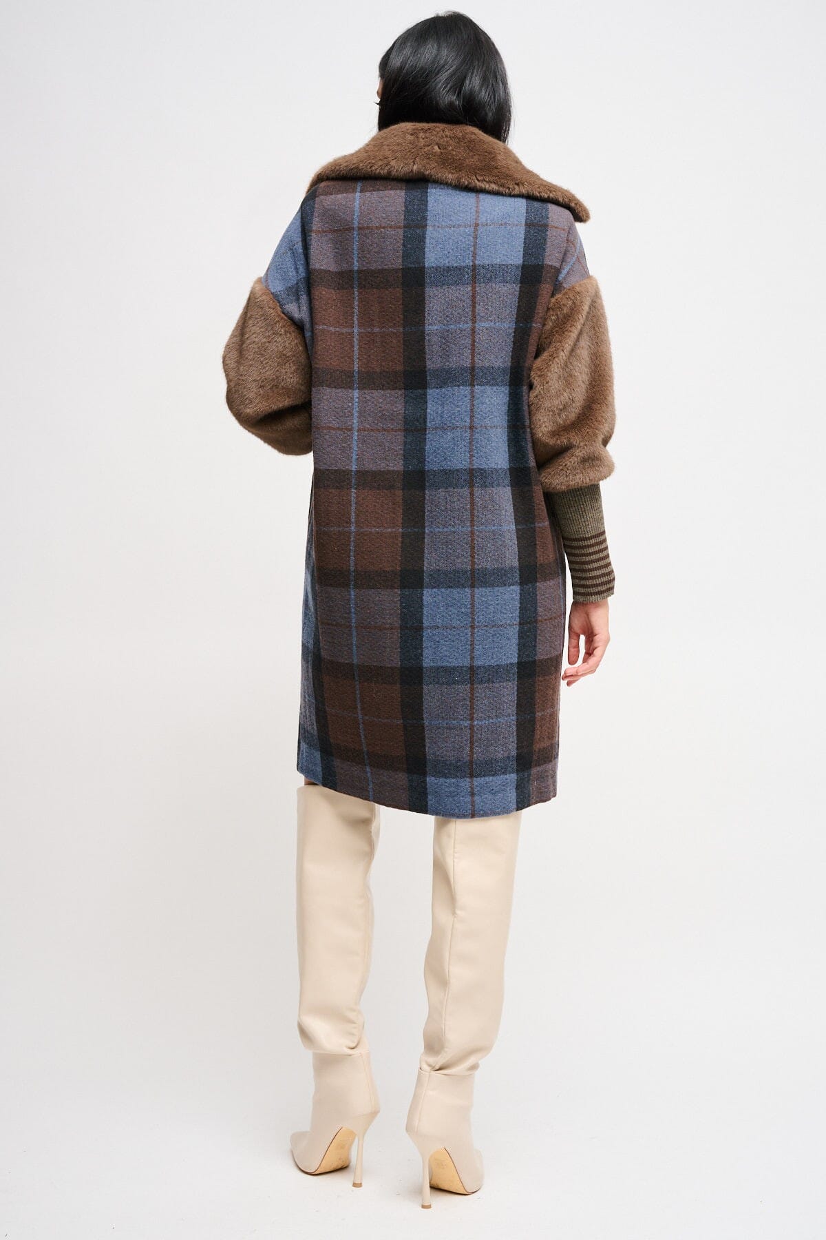 Maryley Manteau à carreaux surdimensionné avec empiècements en fausse fourrure