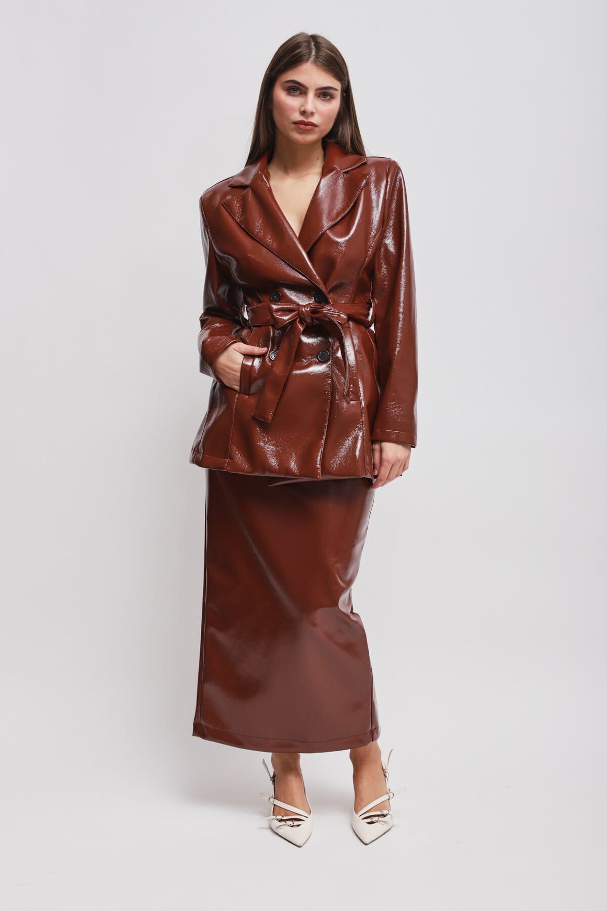 Giacca Doppiopetto In Vinile Con Fusciacca Maryley