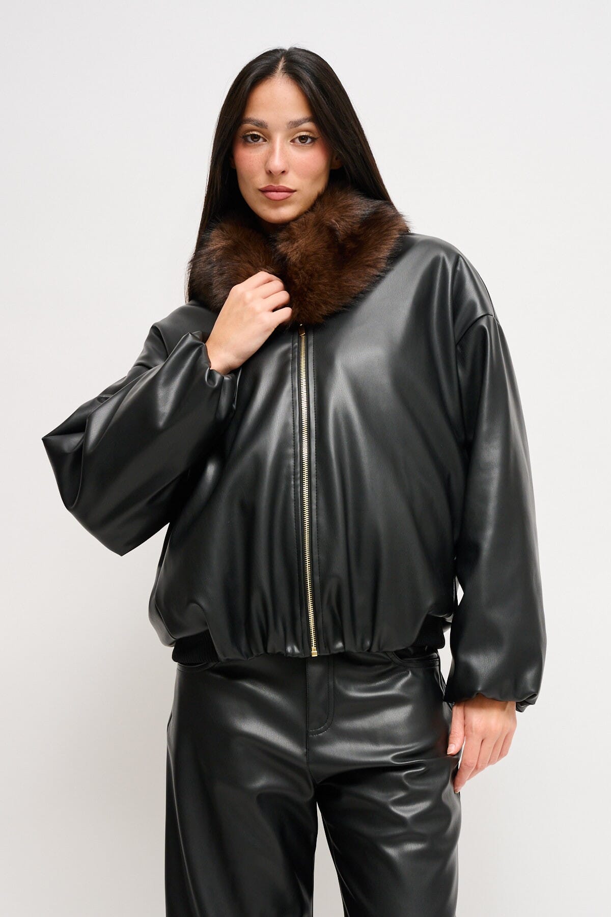 Maryley - Blouson bombardier en faux cuir avec col en fausse fourrure