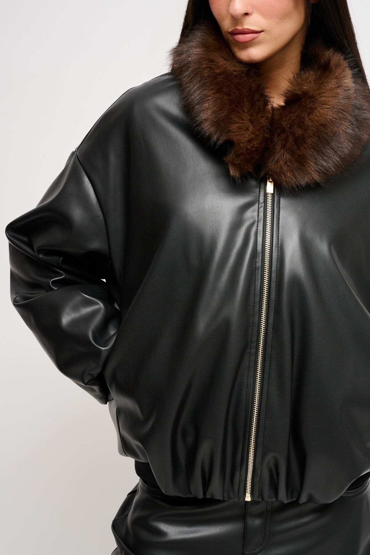 Maryley - Blouson bombardier en faux cuir avec col en fausse fourrure