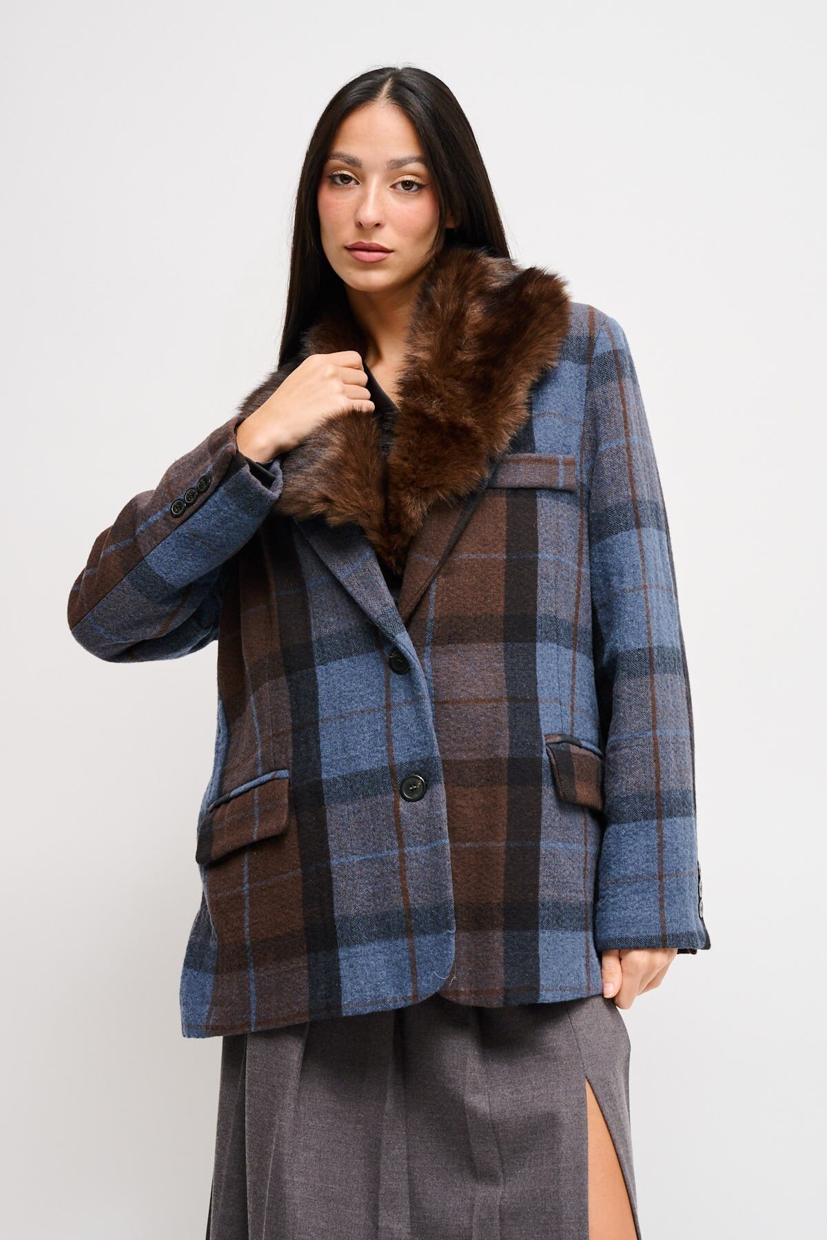 Maryley - Veste à carreaux en fausse fourrure