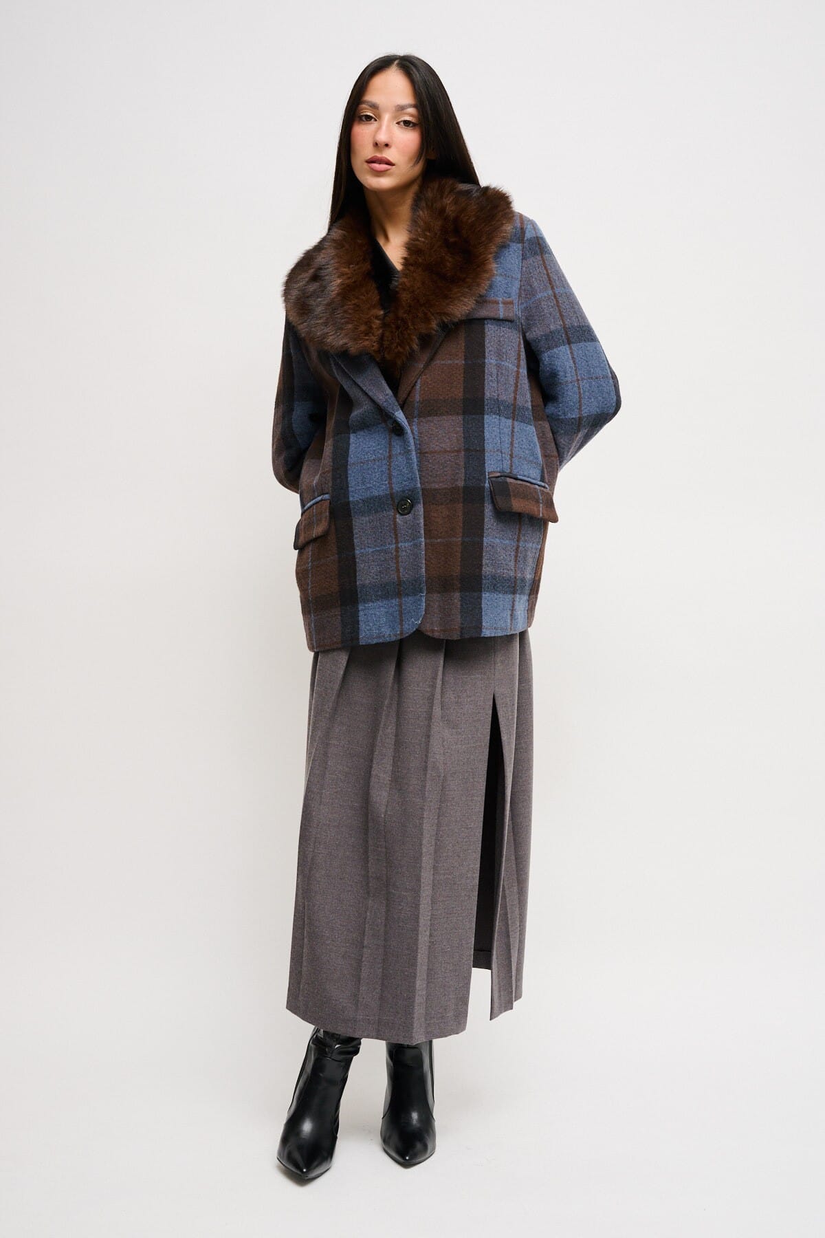 Maryley - Veste à carreaux en fausse fourrure