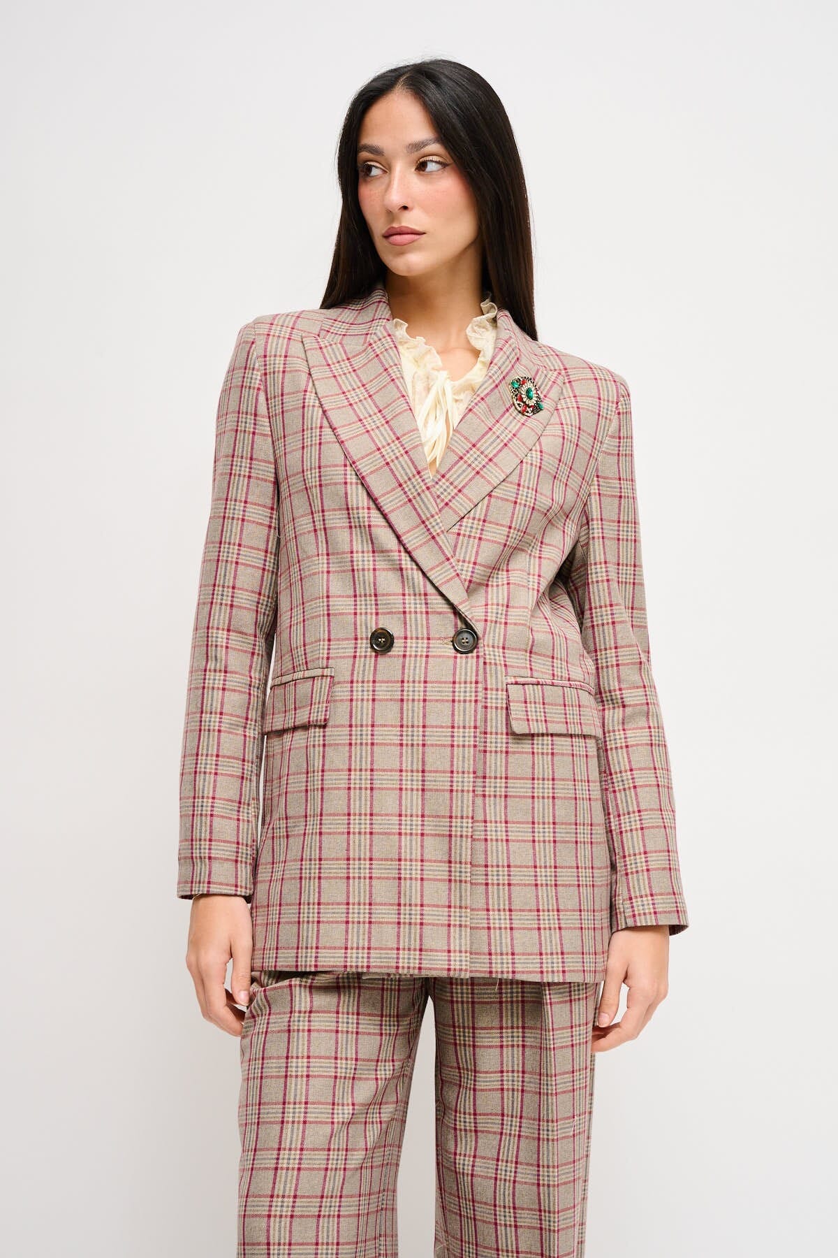 Maryley - Veste à carreaux à double boutonnage avec broche