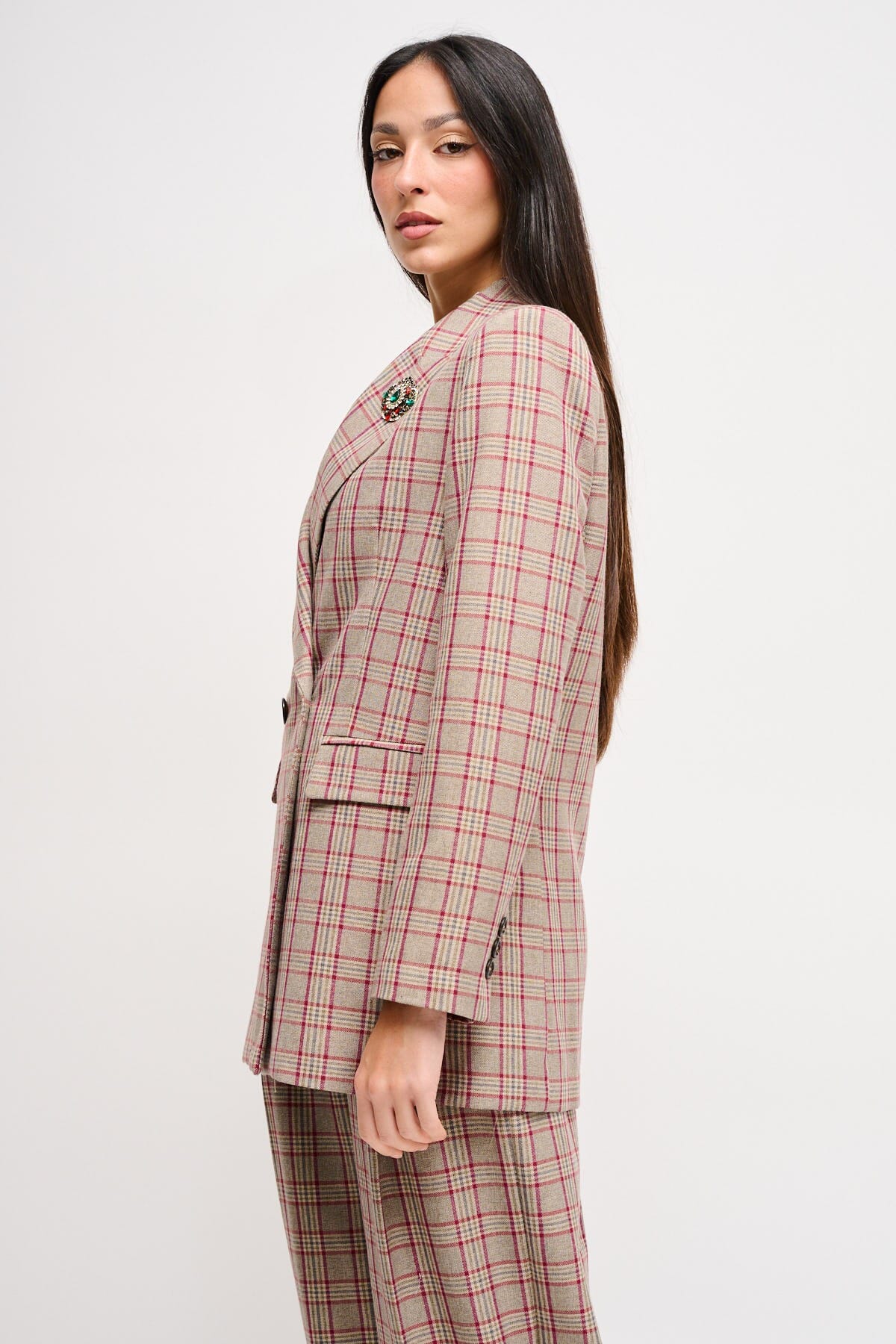 Maryley - Veste à carreaux à double boutonnage avec broche