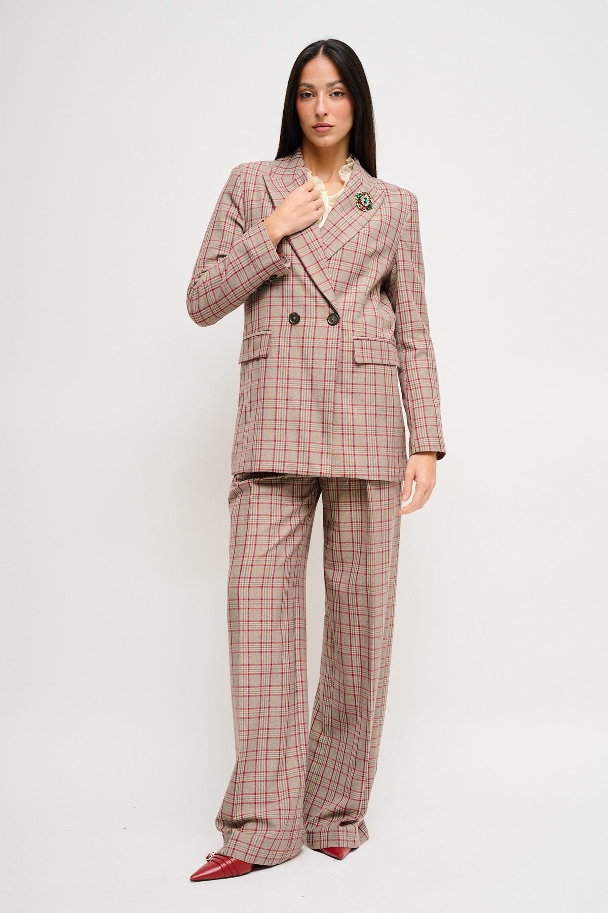 Maryley - Veste à carreaux à double boutonnage avec broche