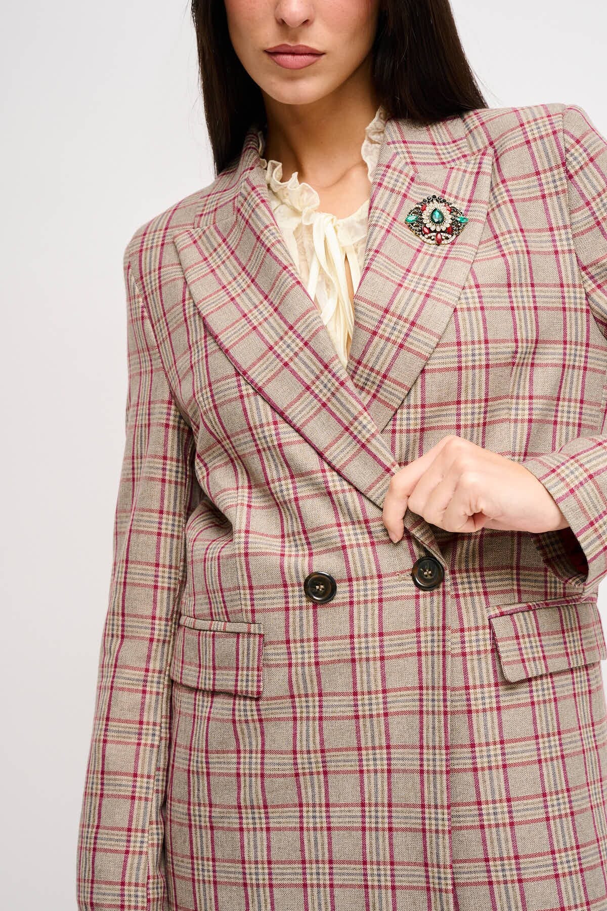 Maryley - Veste à carreaux à double boutonnage avec broche