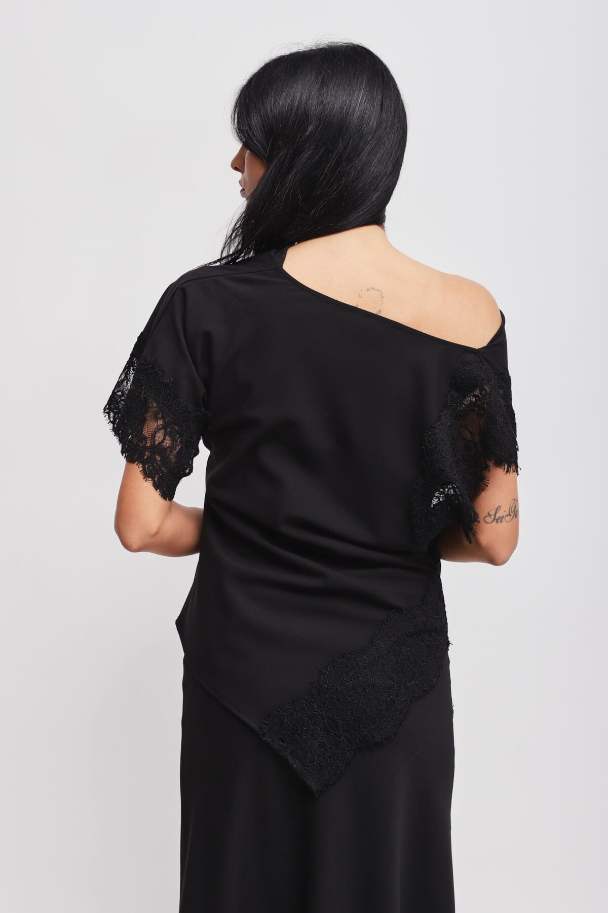 Maryley Asymmetrical Neckline Top With Lace Inserts