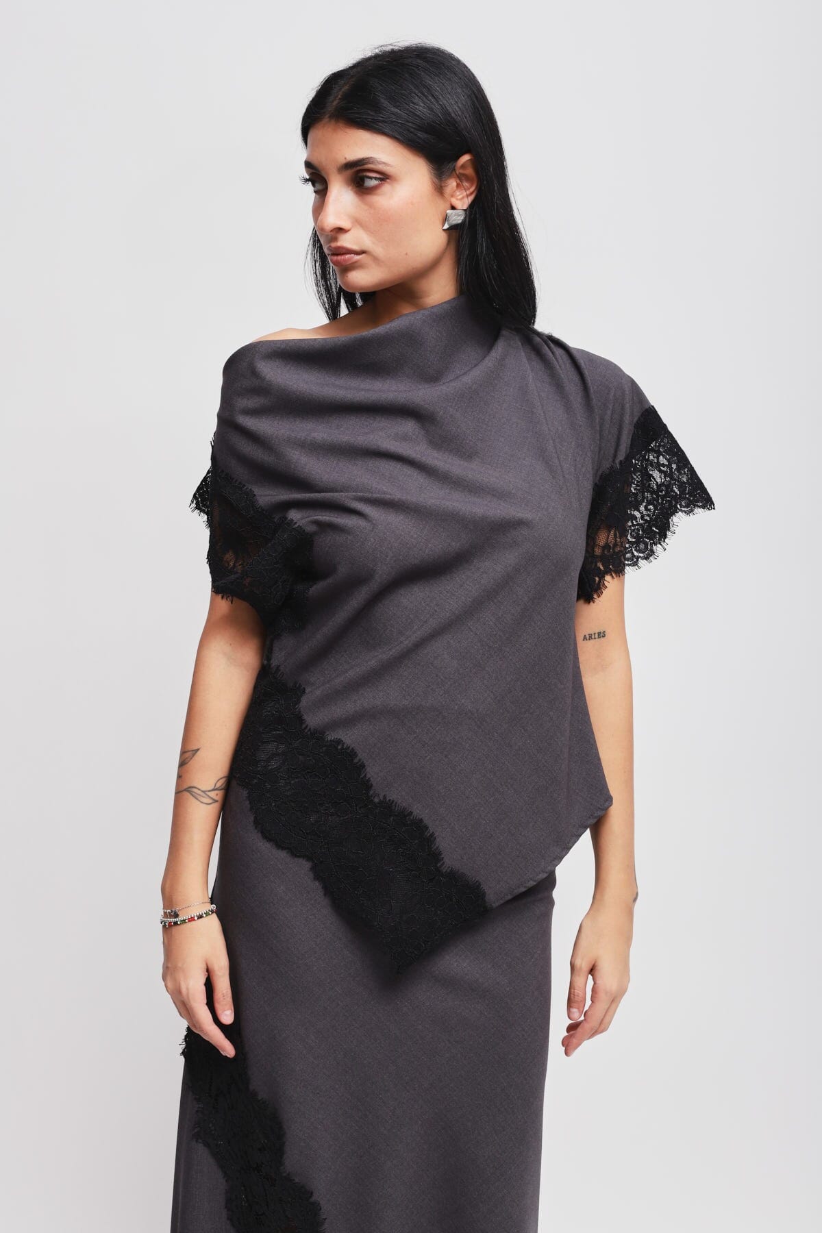 Maryley Asymmetrical Neckline Top With Lace Inserts