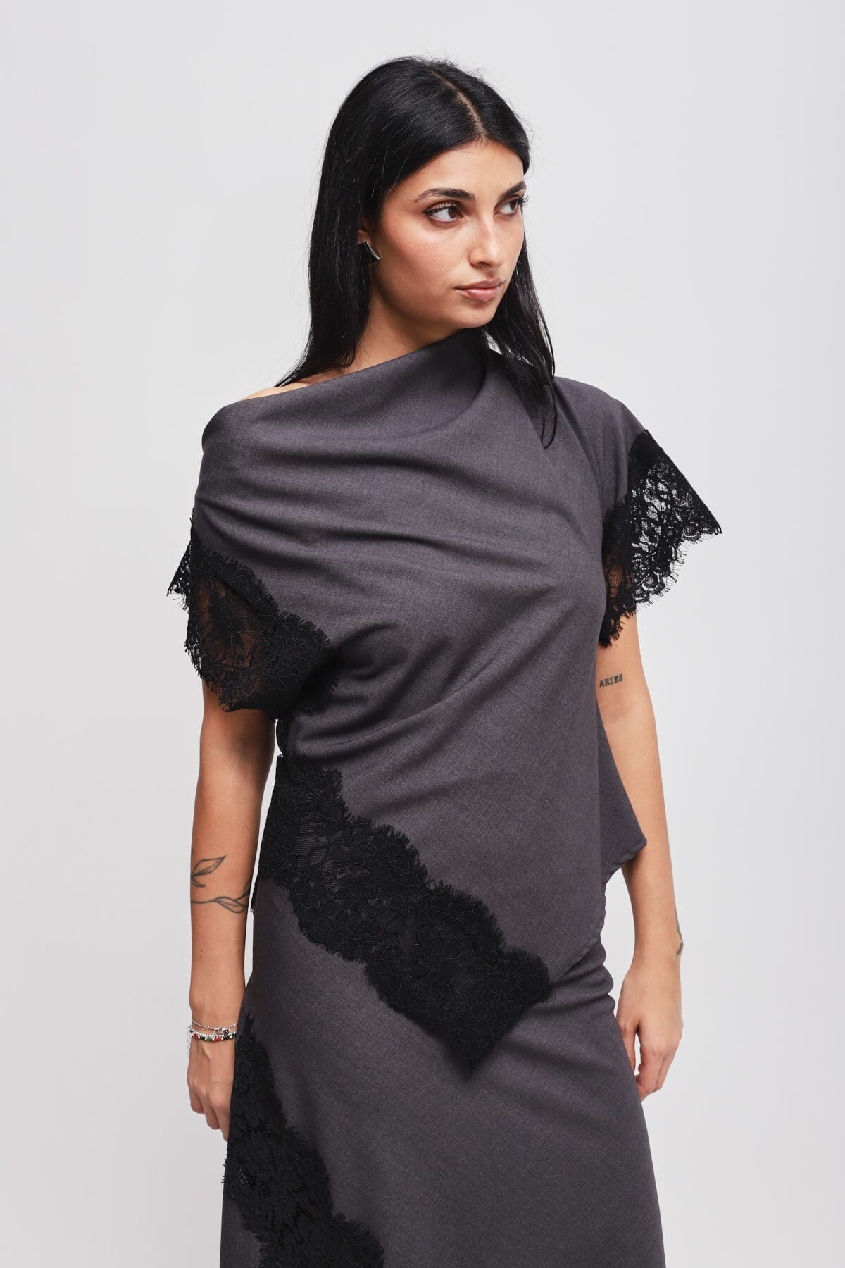 Maryley Asymmetrical Neckline Top With Lace Inserts