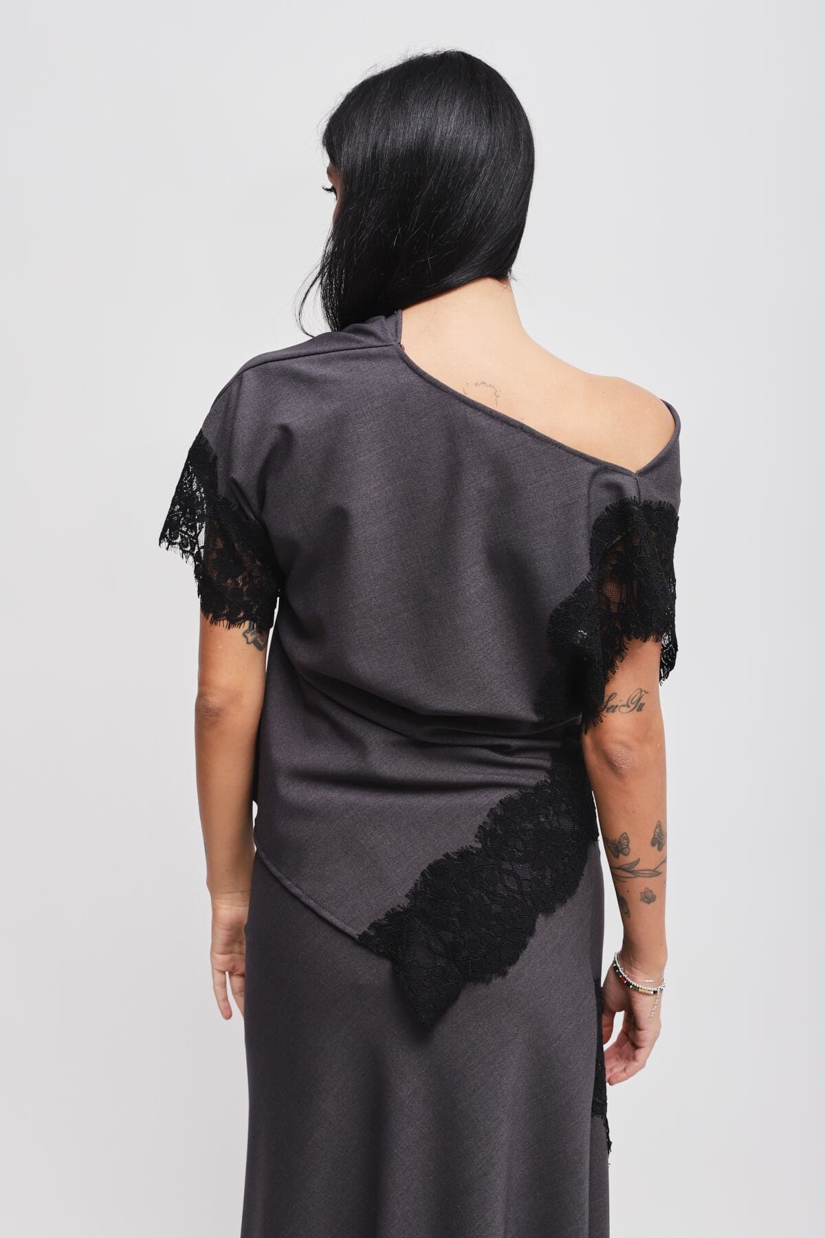 Maryley Asymmetrical Neckline Top With Lace Inserts