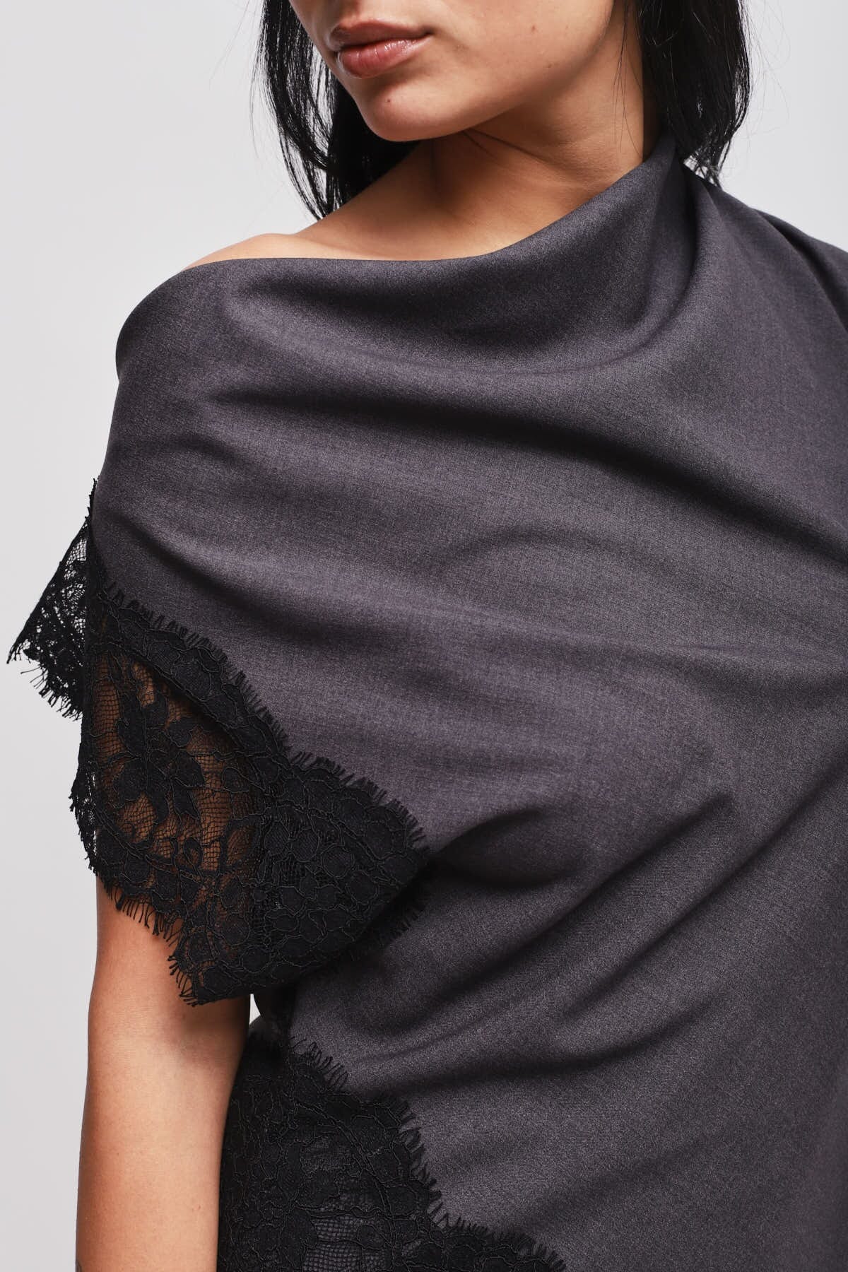 Maryley Asymmetrical Neckline Top With Lace Inserts