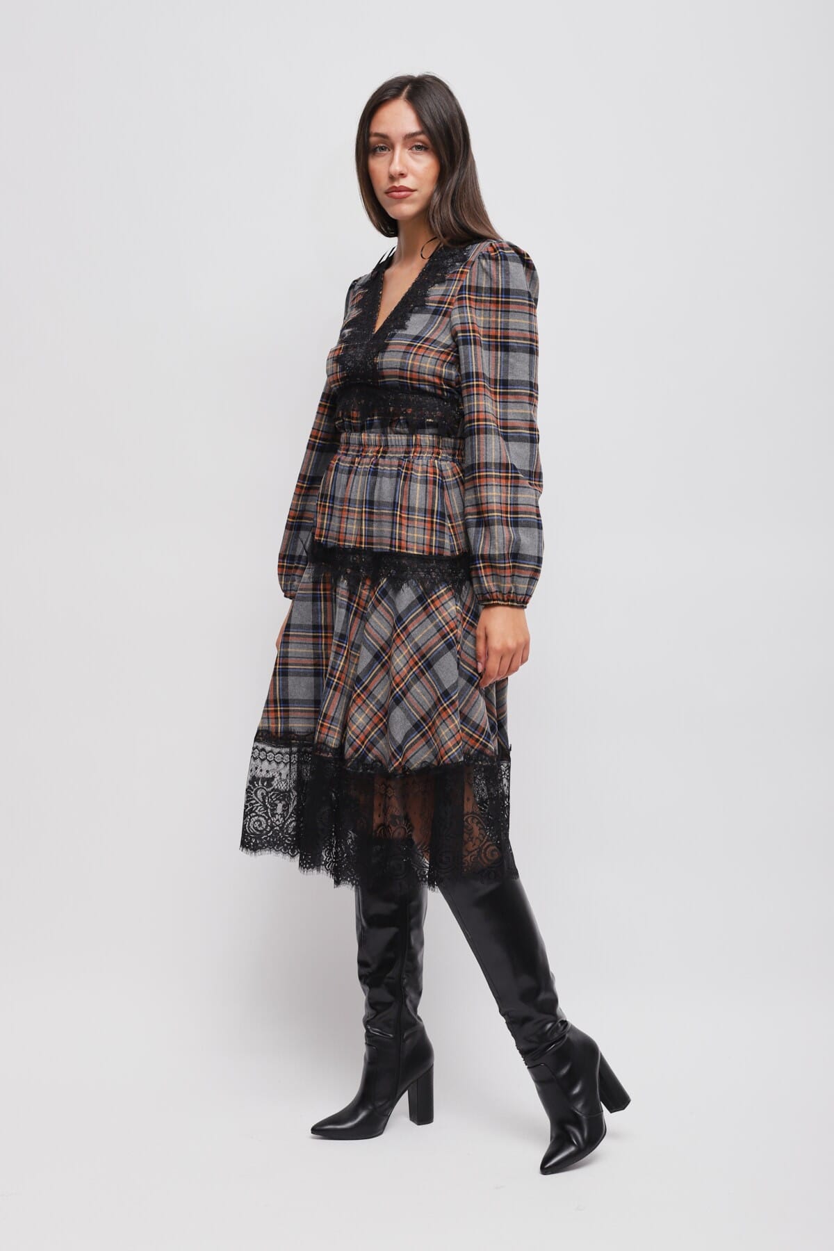 Maryley - Jupe à carreaux avec volants et dentelle