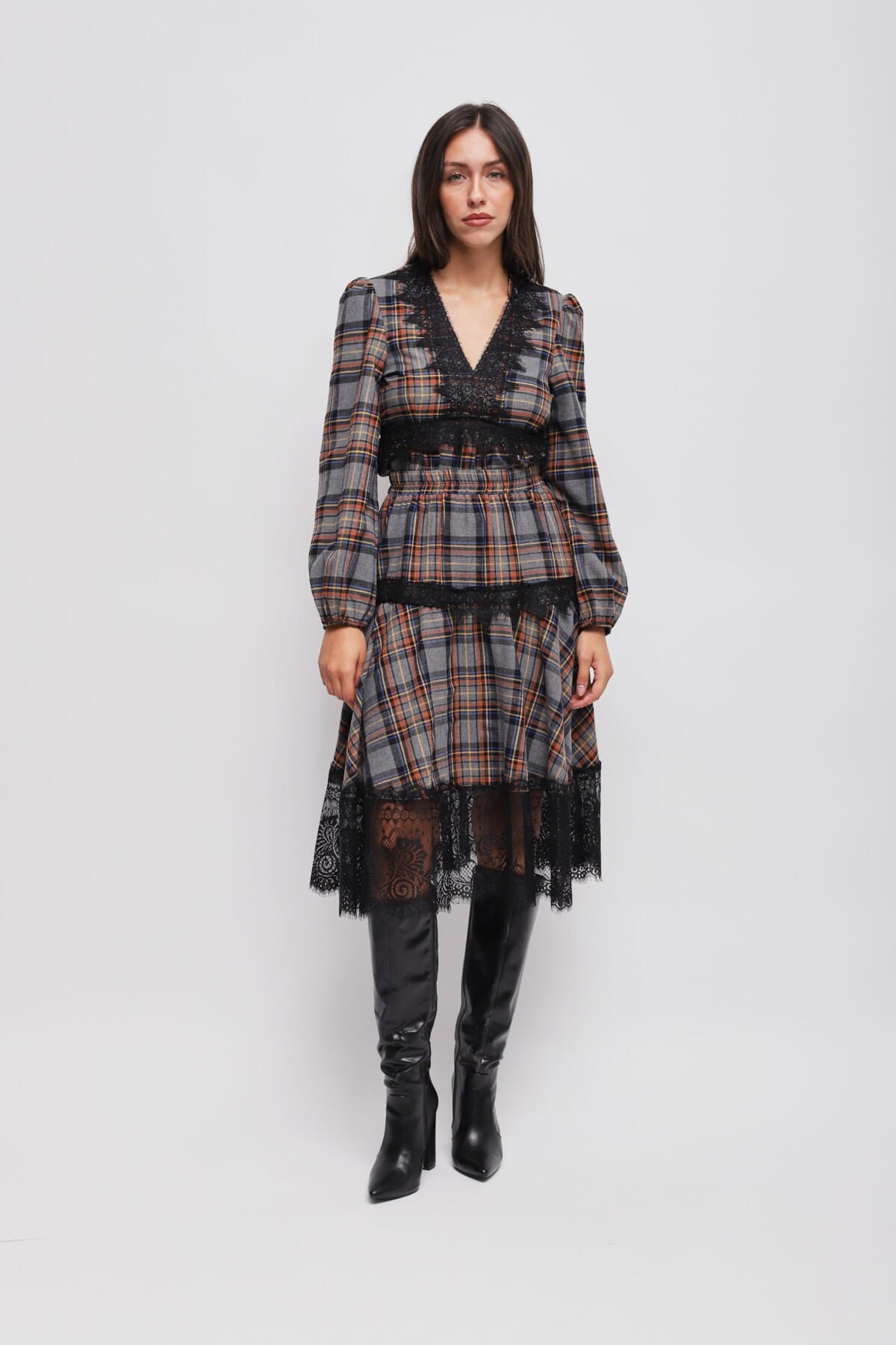 Maryley - Jupe à carreaux avec volants et dentelle