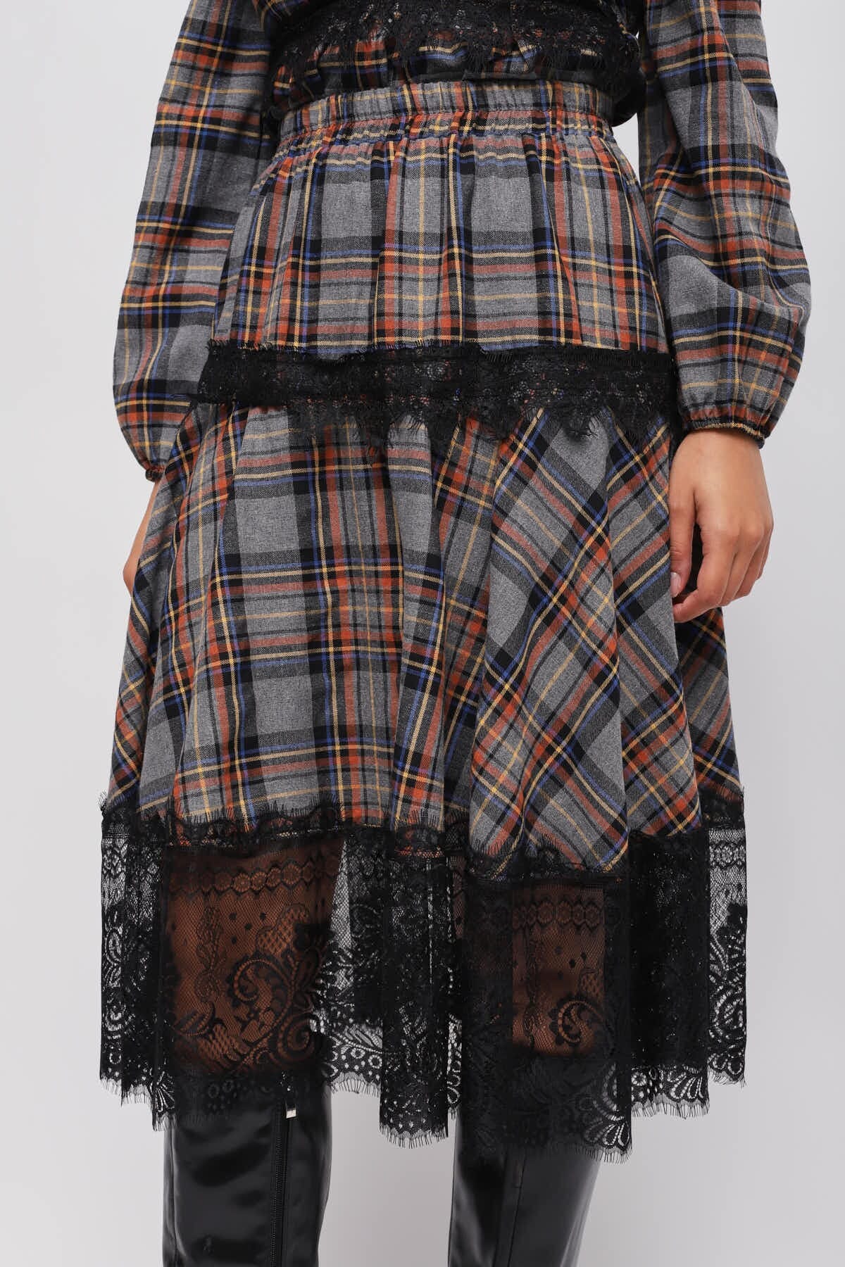 Maryley - Jupe à carreaux avec volants et dentelle