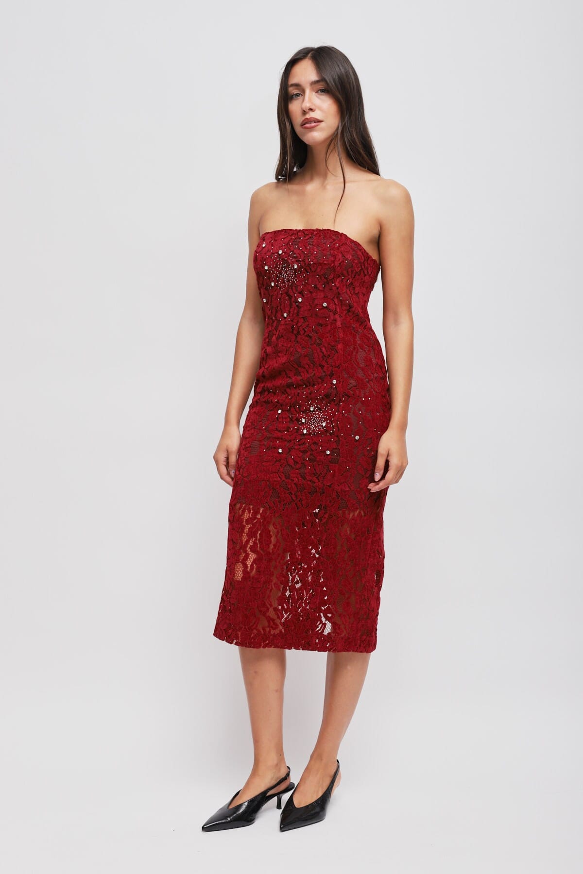 Strapless Lace Dress With Rhinestones Maryley