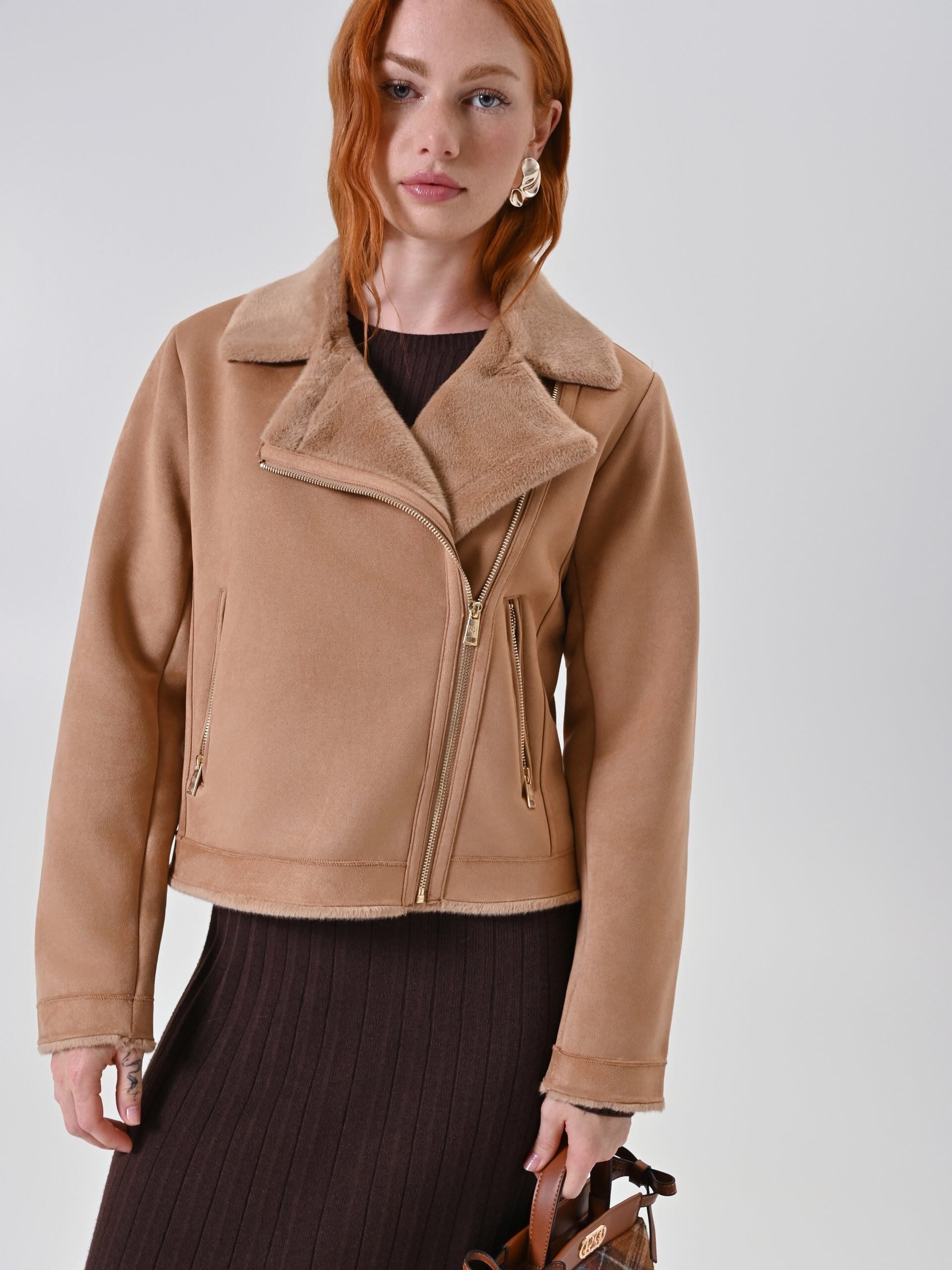 Short Sheepskin Coat With Synthetic Fur Detail Rinascimento