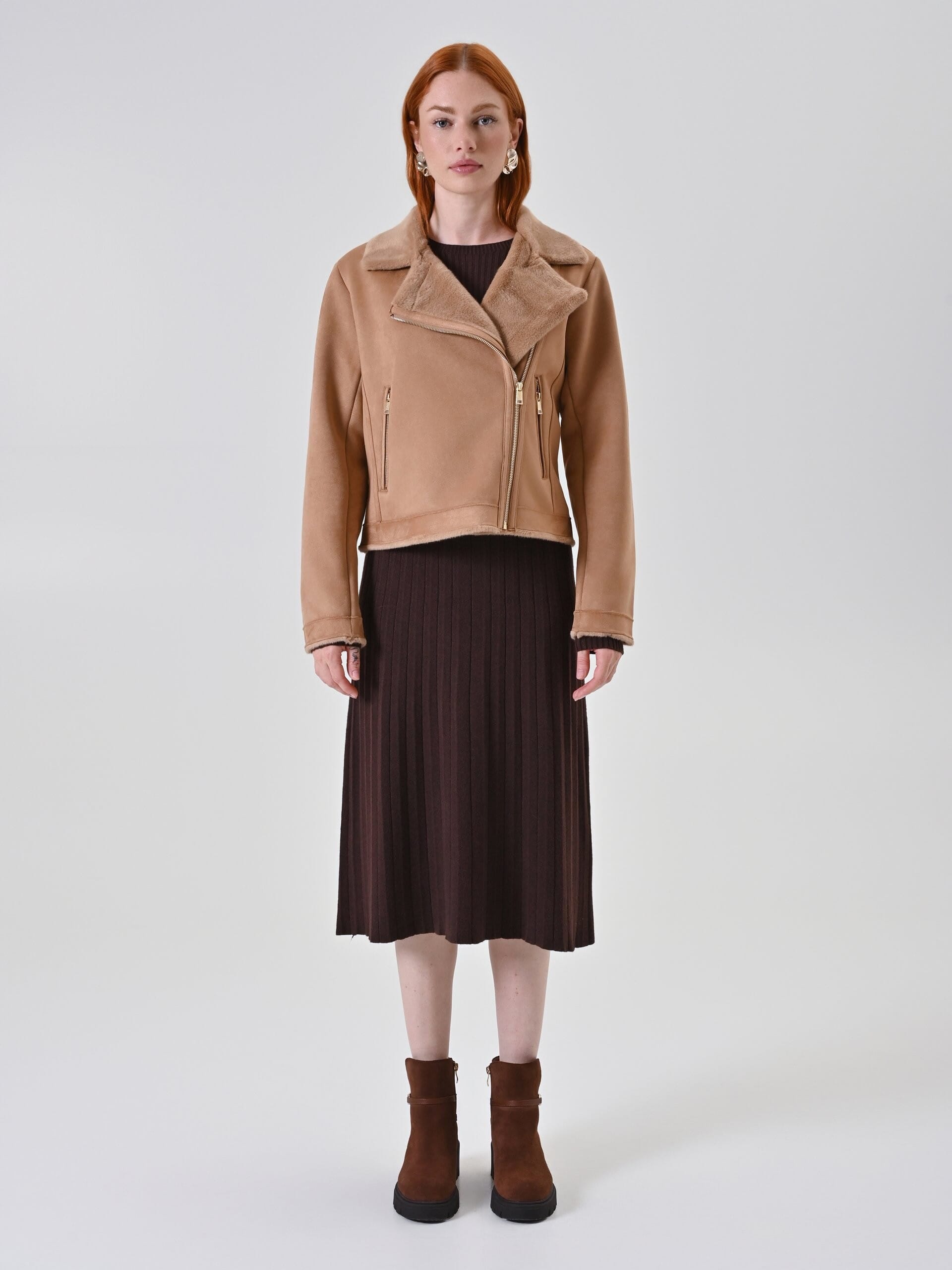 Short Sheepskin Coat With Synthetic Fur Detail Rinascimento