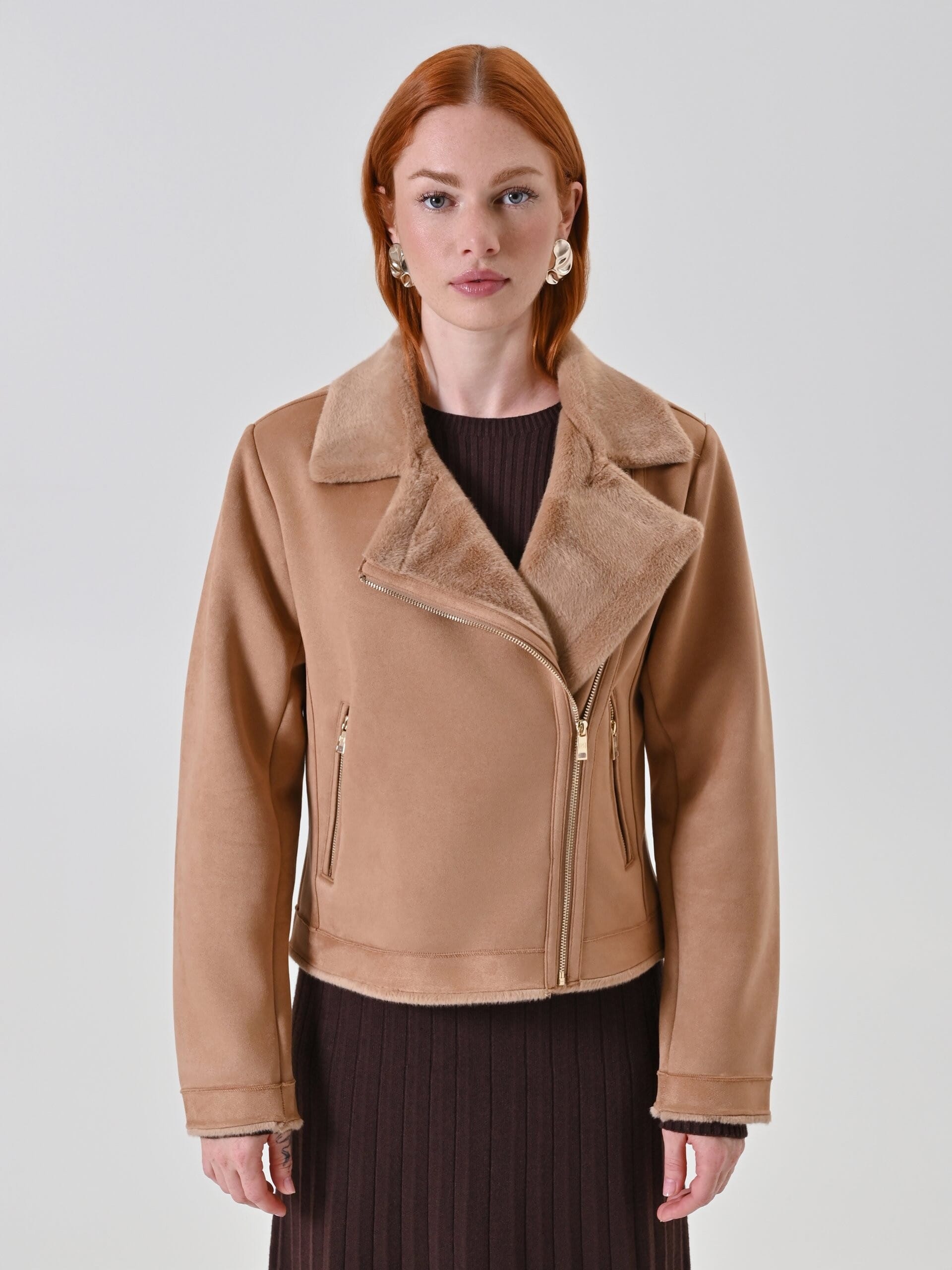 Short Sheepskin Coat With Synthetic Fur Detail Rinascimento