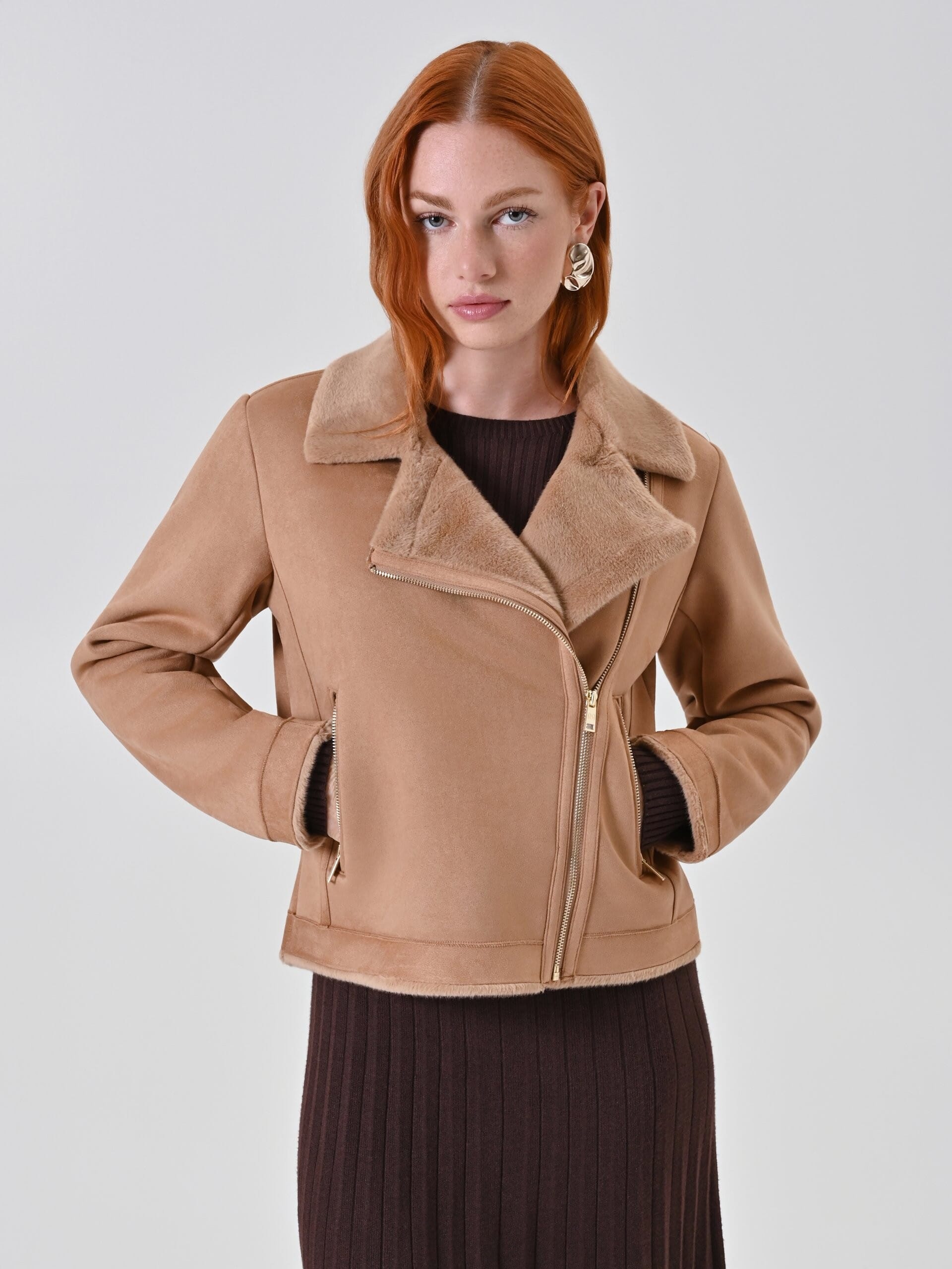 Short Sheepskin Coat With Synthetic Fur Detail Rinascimento