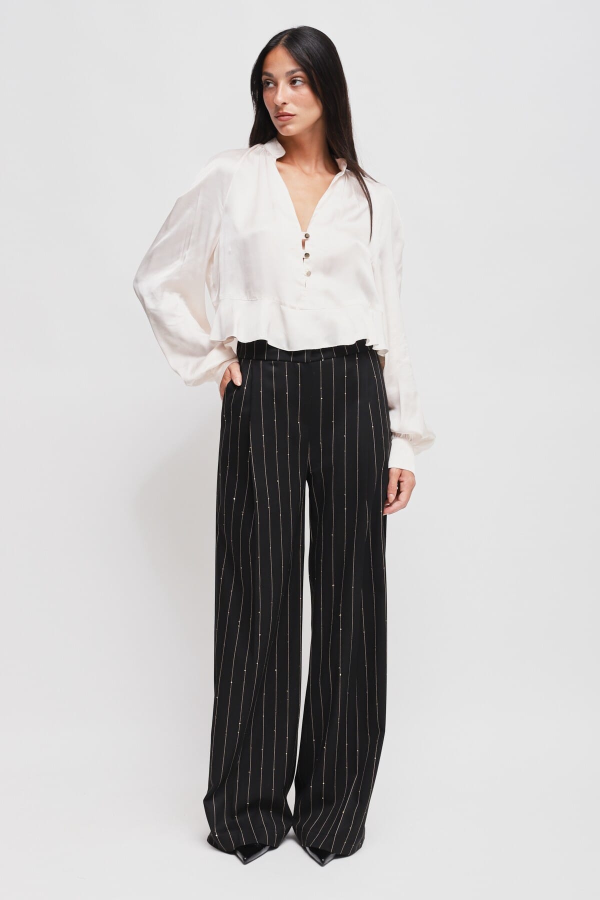 Pantaloni Palazzo Gessati Con Micro Paillettes Maryley