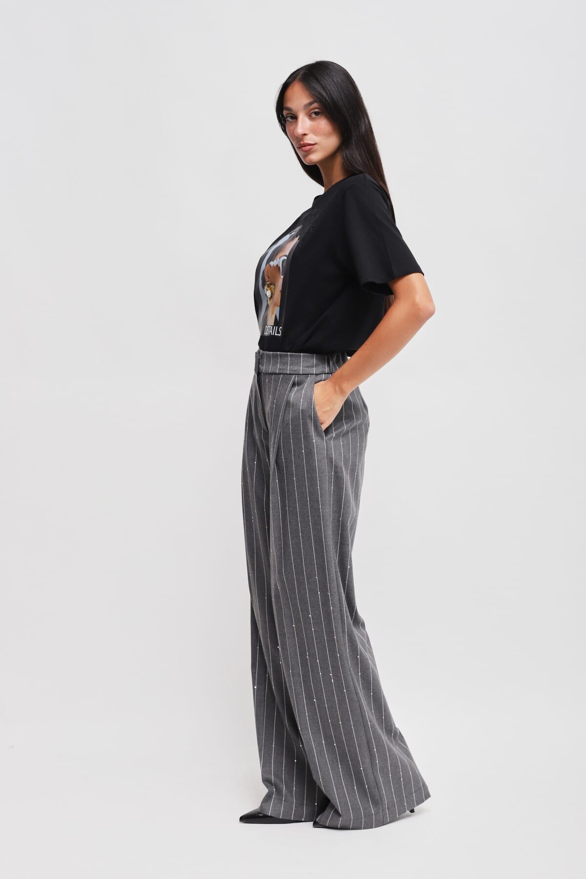 Pantaloni Palazzo Gessati Con Micro Paillettes Maryley