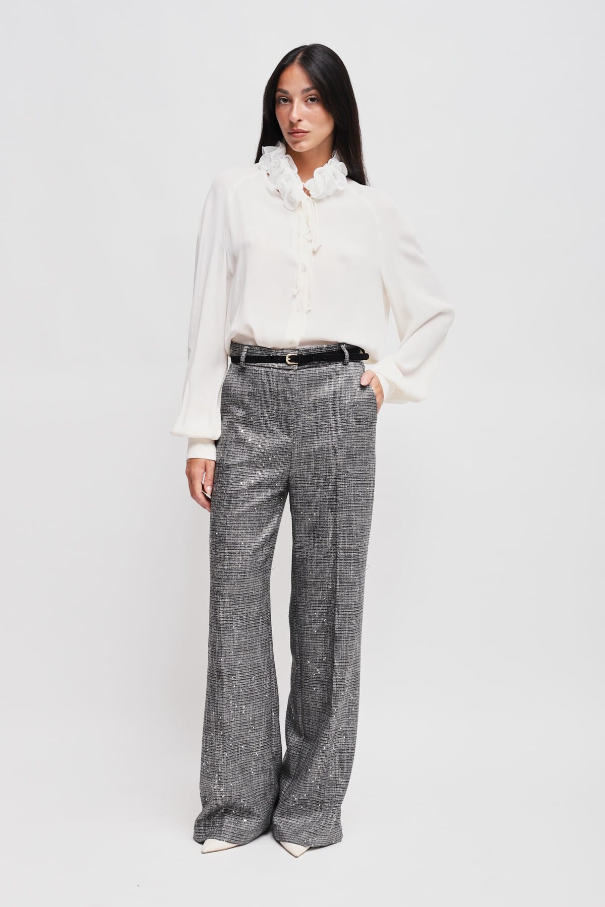 Pantaloni A Palazzo In Principe Di Galles Con Micro Paillettes E Cintura Maryley