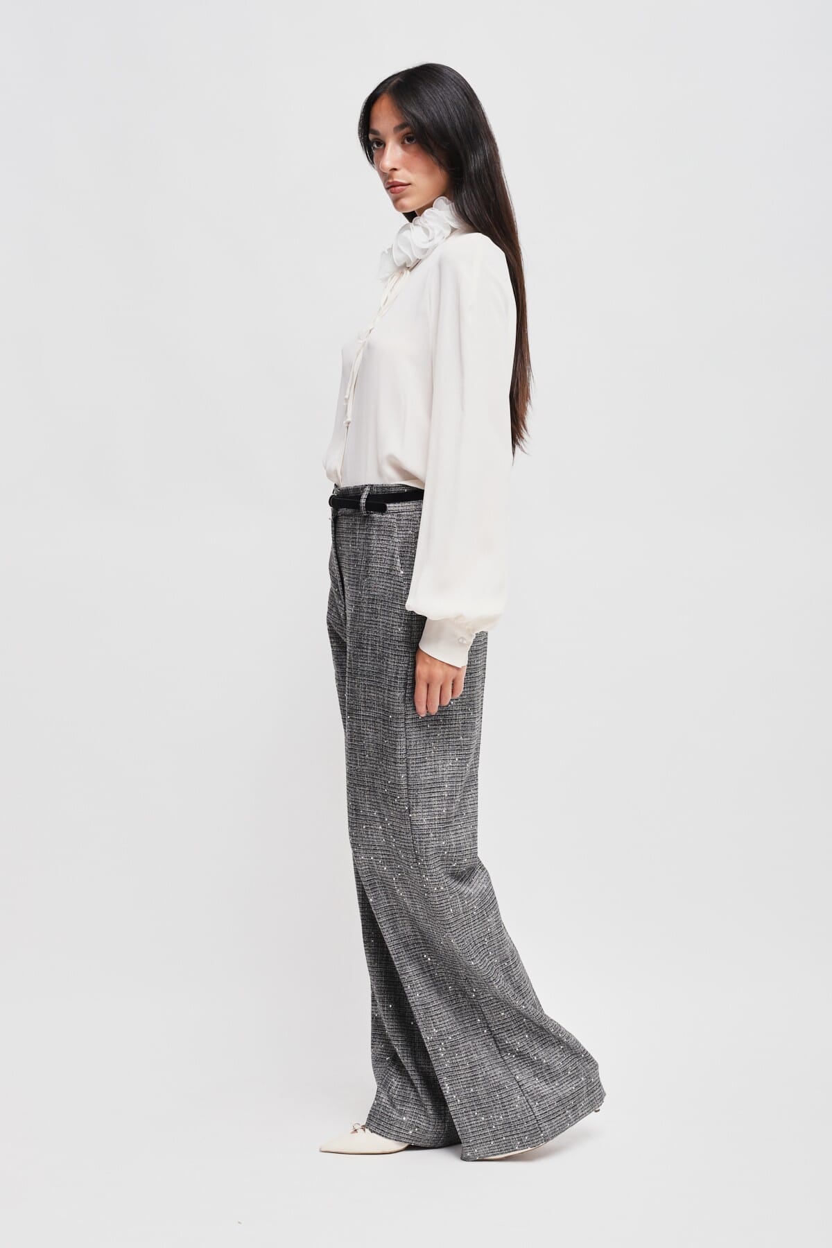 Pantaloni A Palazzo In Principe Di Galles Con Micro Paillettes E Cintura Maryley