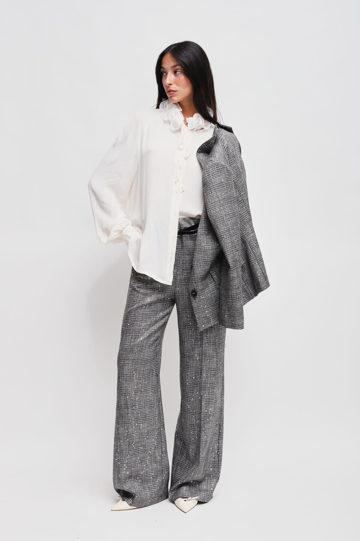 Pantaloni A Palazzo In Principe Di Galles Con Micro Paillettes E Cintura Maryley