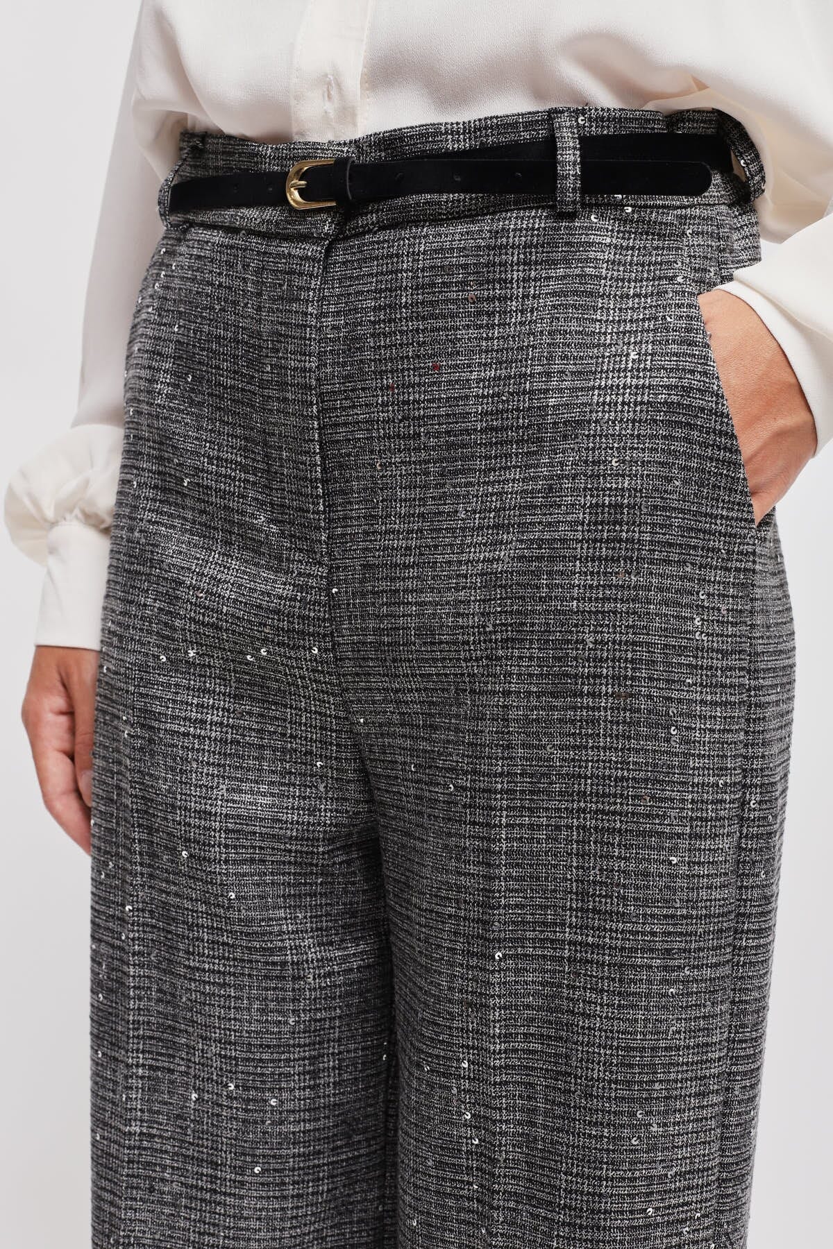 Pantaloni A Palazzo In Principe Di Galles Con Micro Paillettes E Cintura Maryley