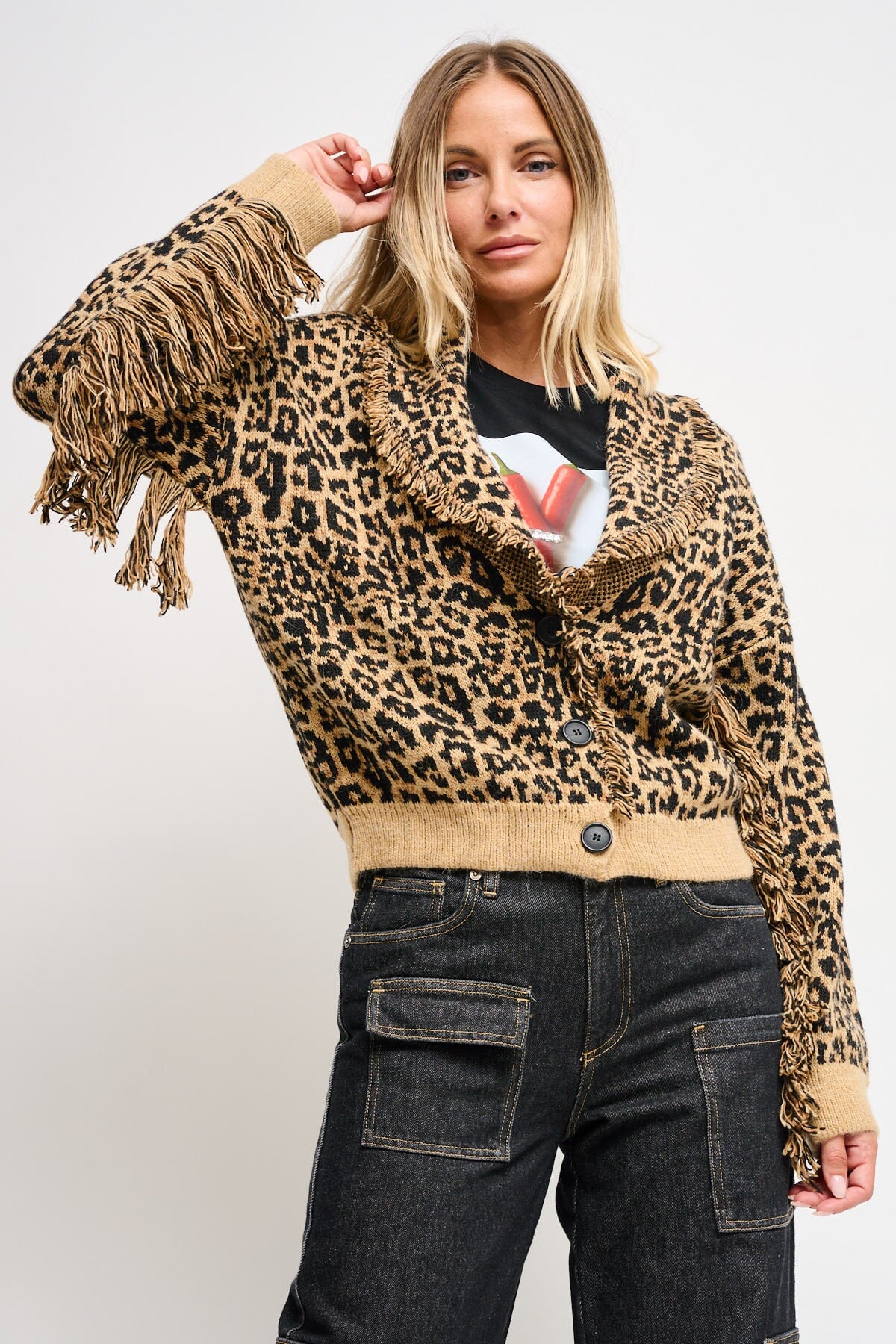 Cardigan Leopardato Con Frange Maryley