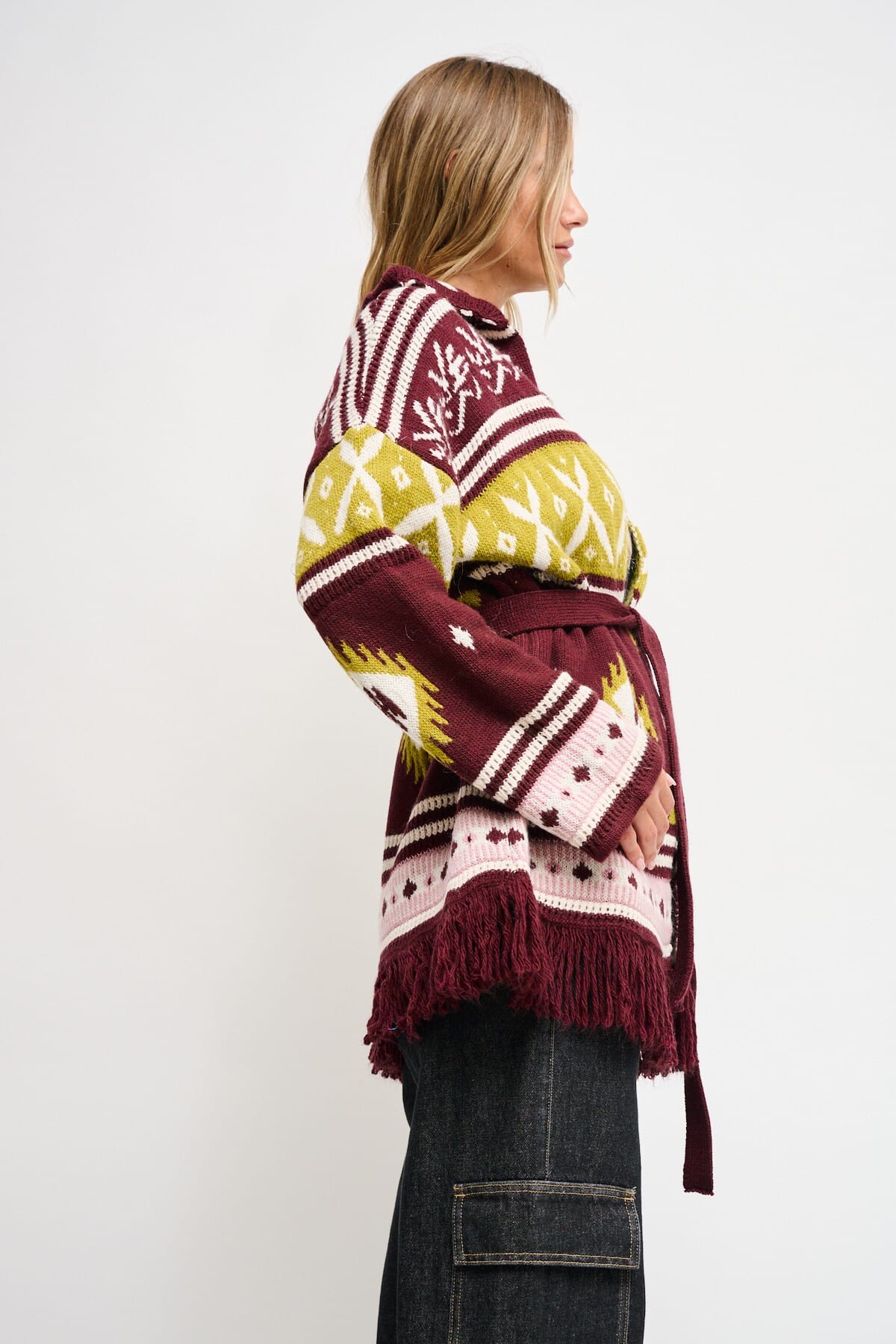 Geometrically Patterned Cardigan With Maryley Sash
