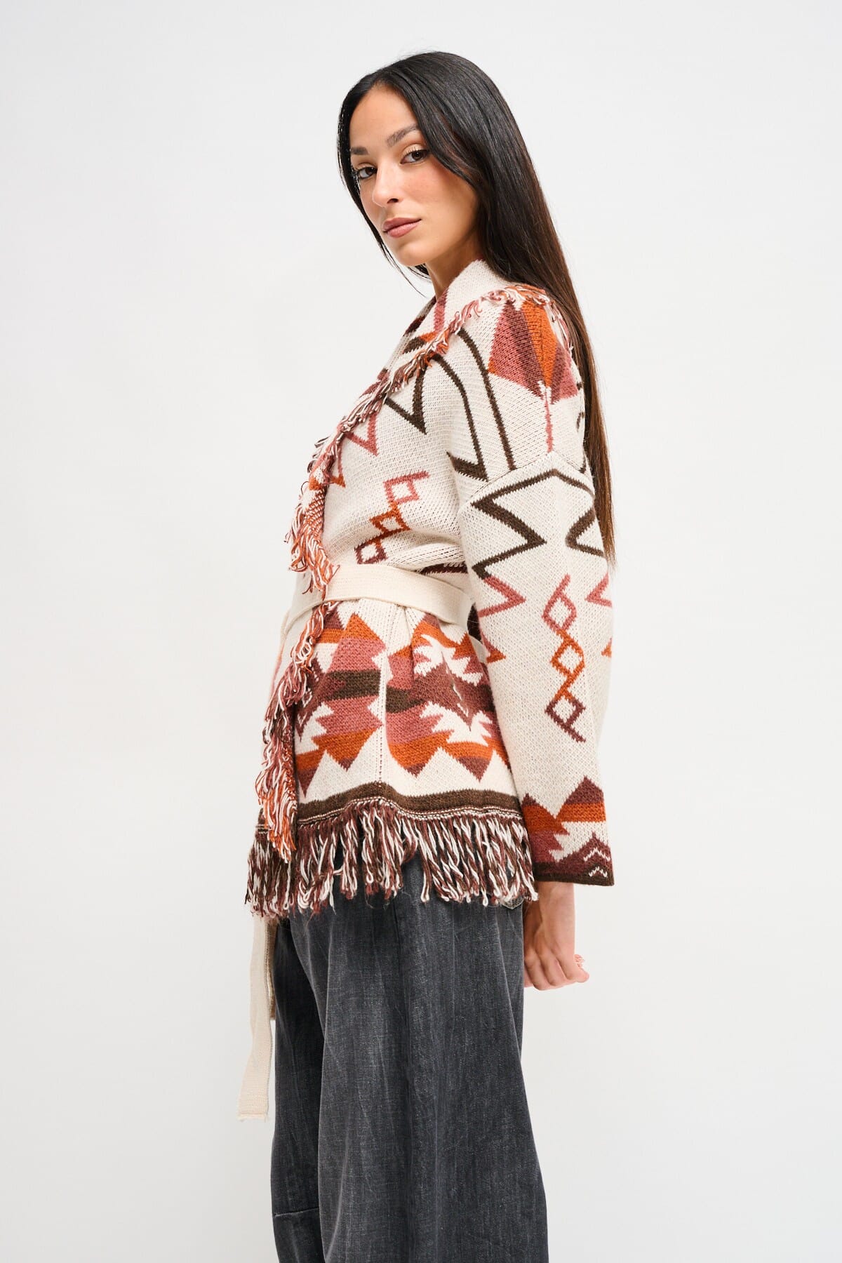 Maryley - Cardigan à motifs frangés avec ceinture