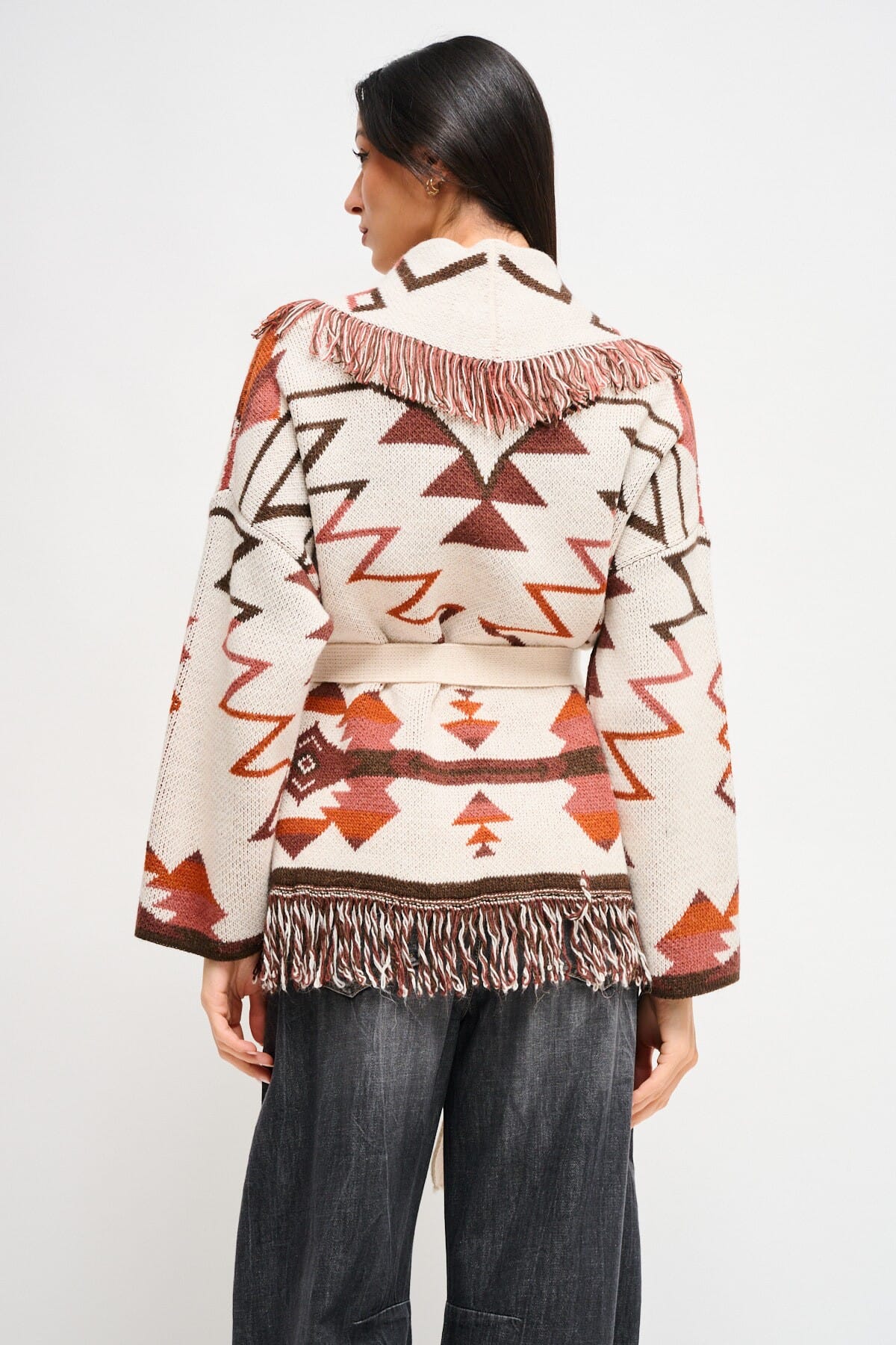 Maryley - Cardigan à motifs frangés avec ceinture