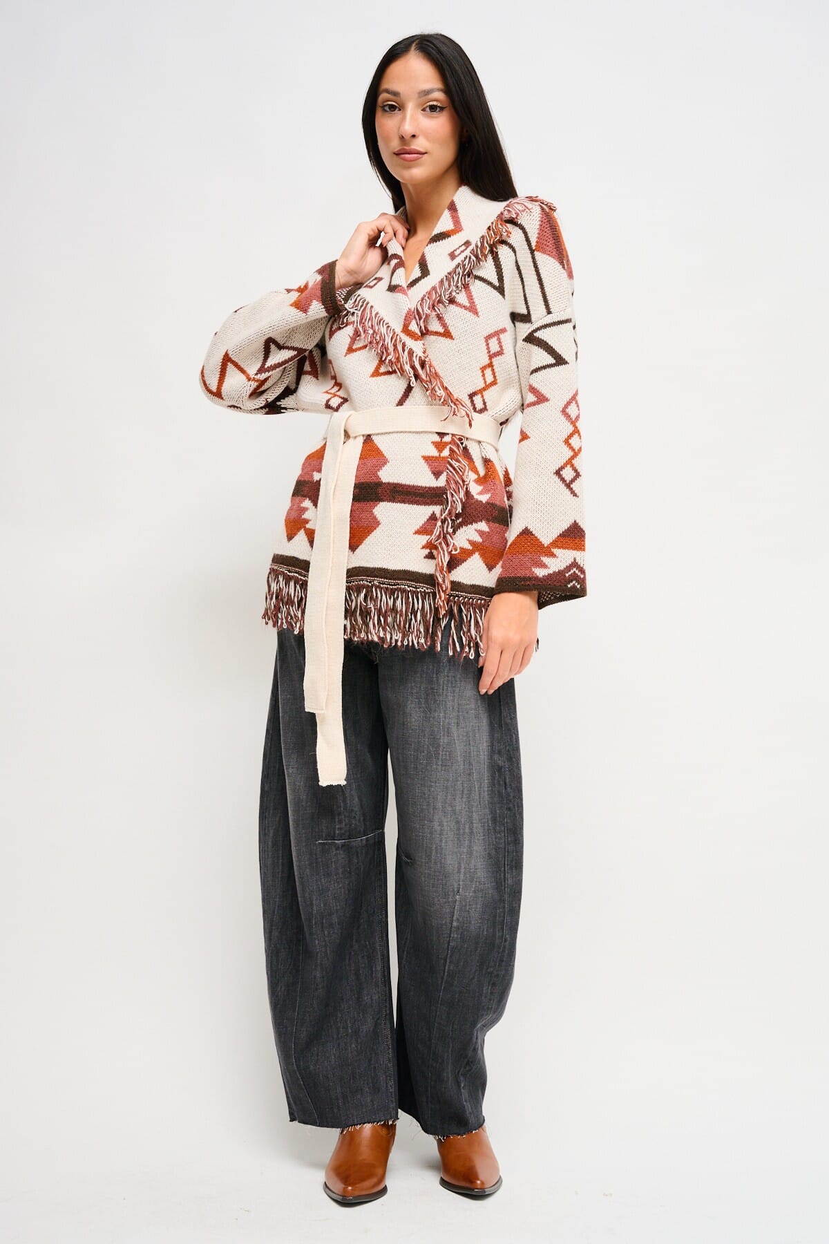 Maryley - Cardigan à motifs frangés avec ceinture