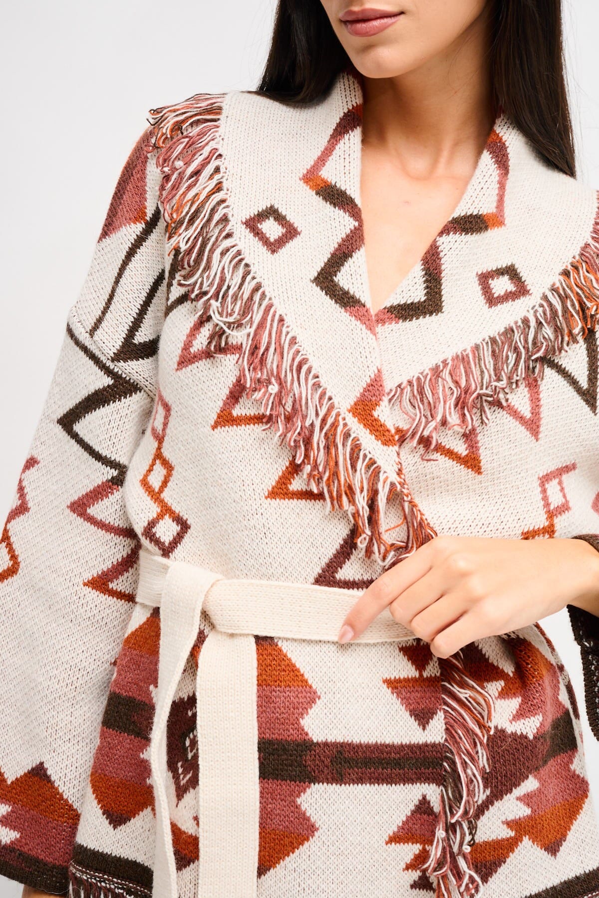 Maryley - Cardigan à motifs frangés avec ceinture