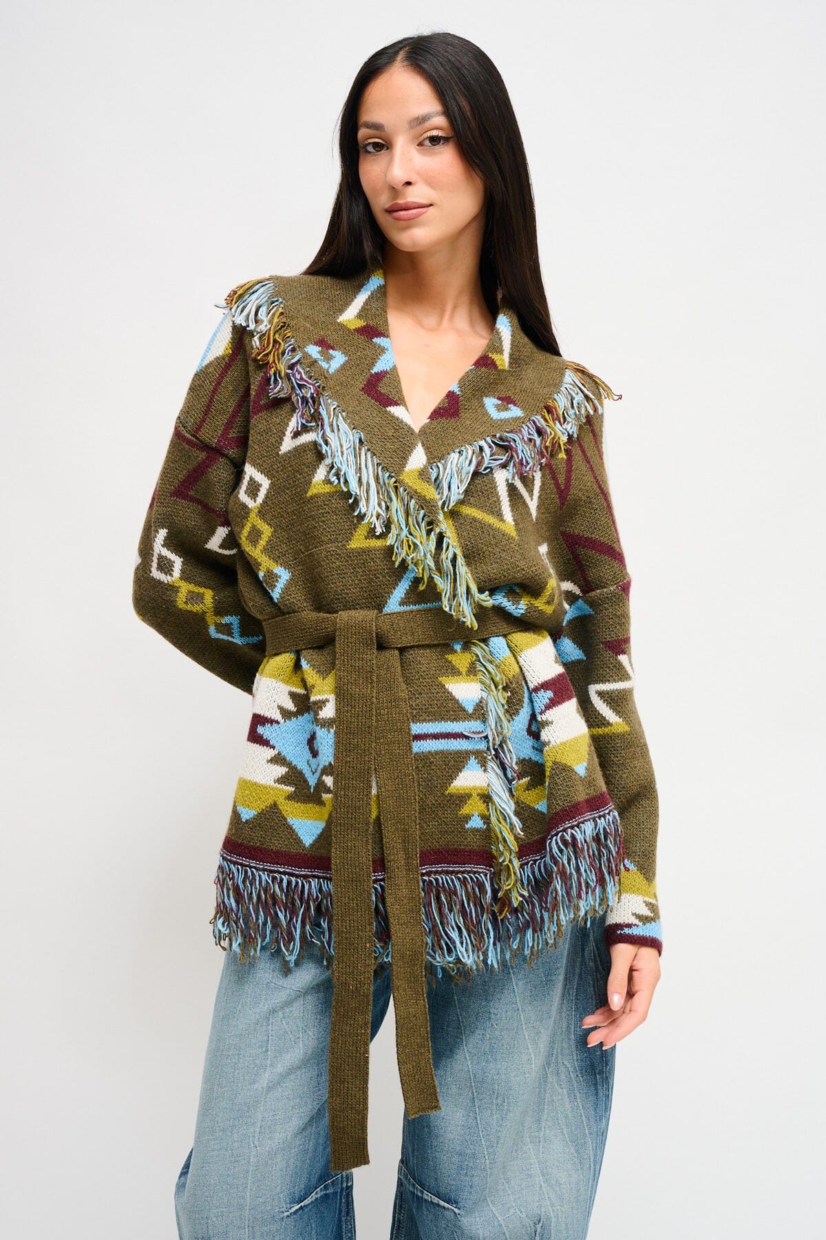 Maryley - Cardigan à motifs frangés avec ceinture