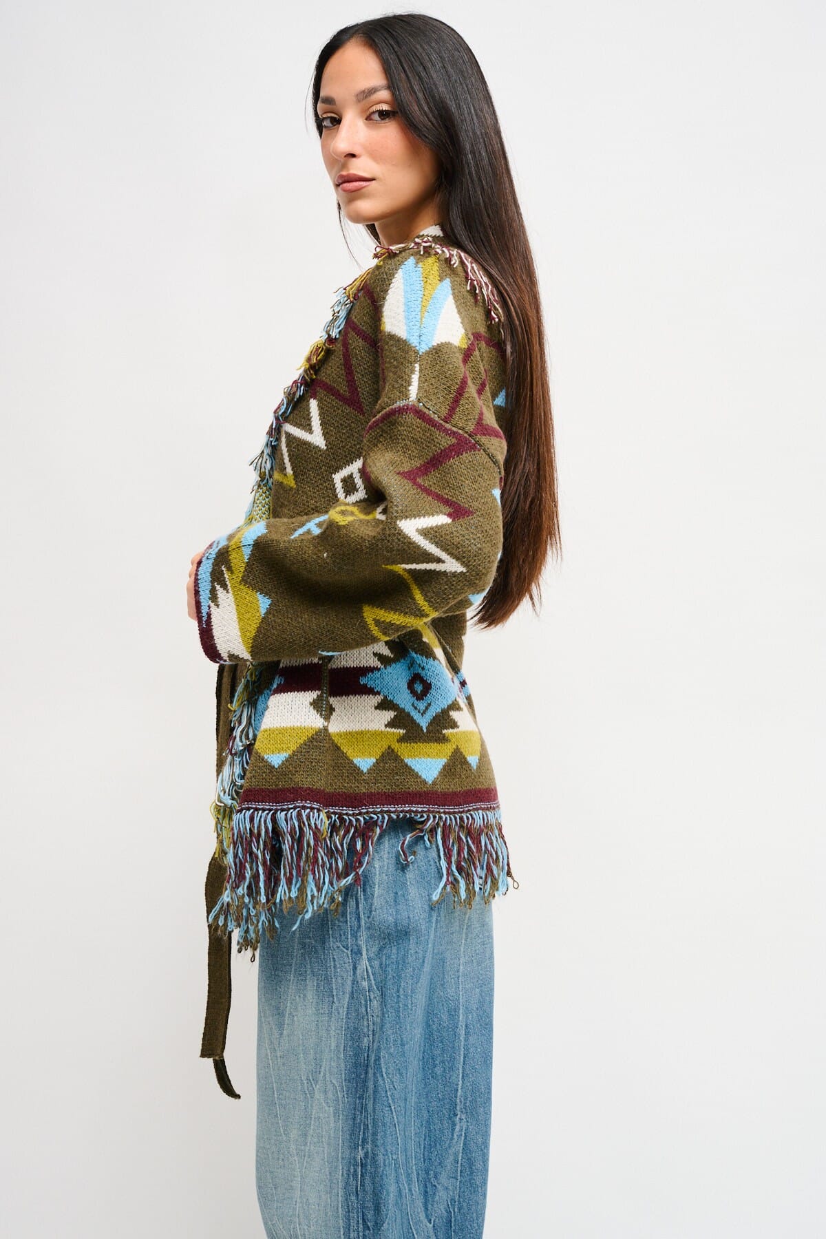 Maryley - Cardigan à motifs frangés avec ceinture