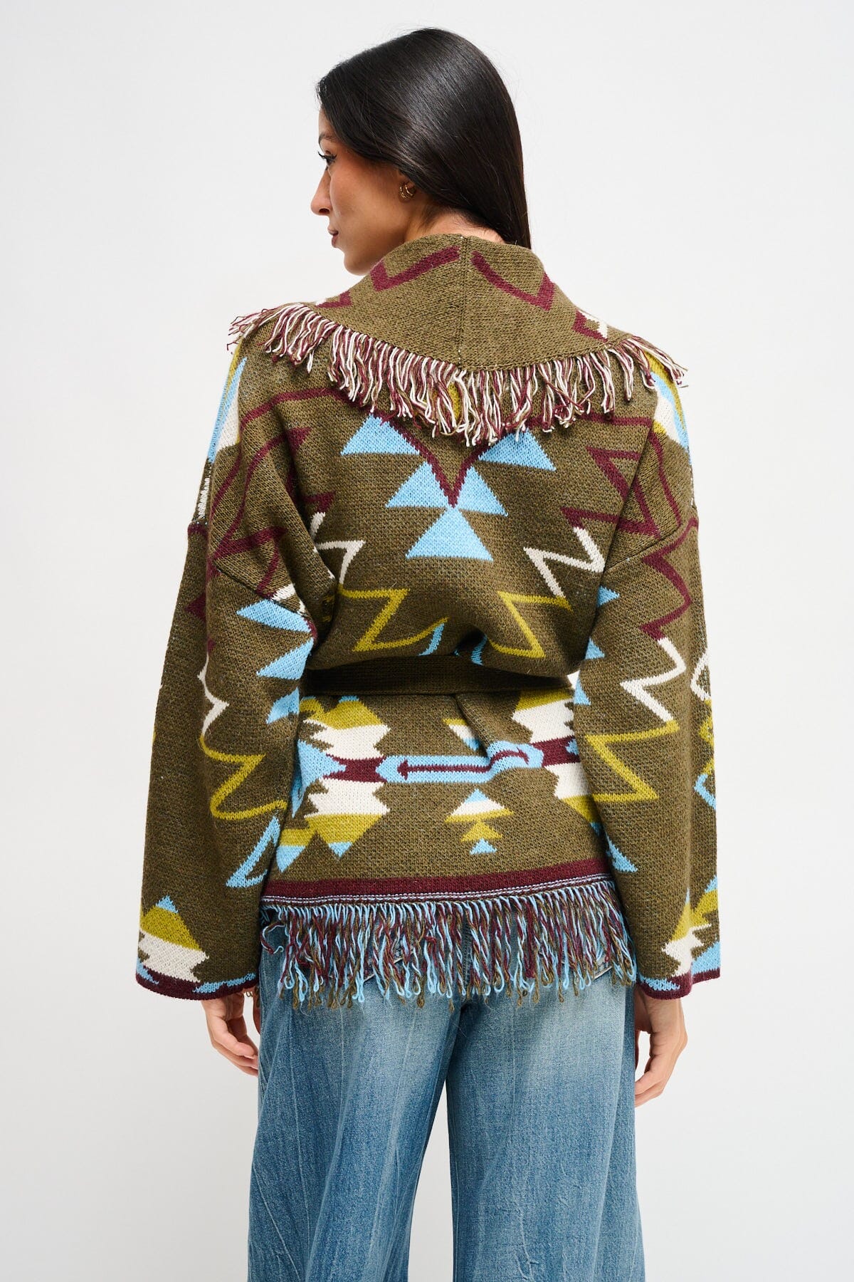 Maryley - Cardigan à motifs frangés avec ceinture