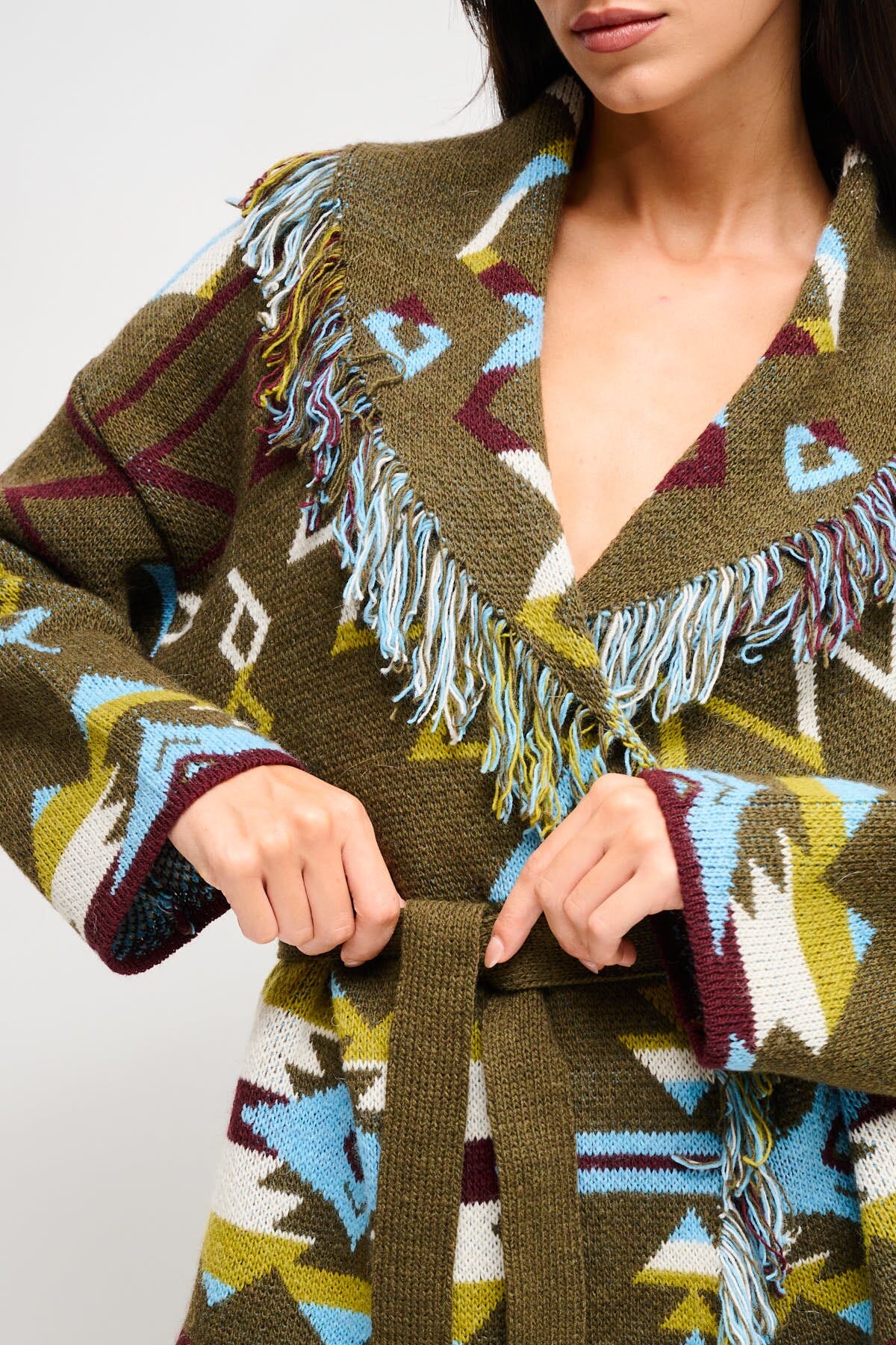 Maryley - Cardigan à motifs frangés avec ceinture