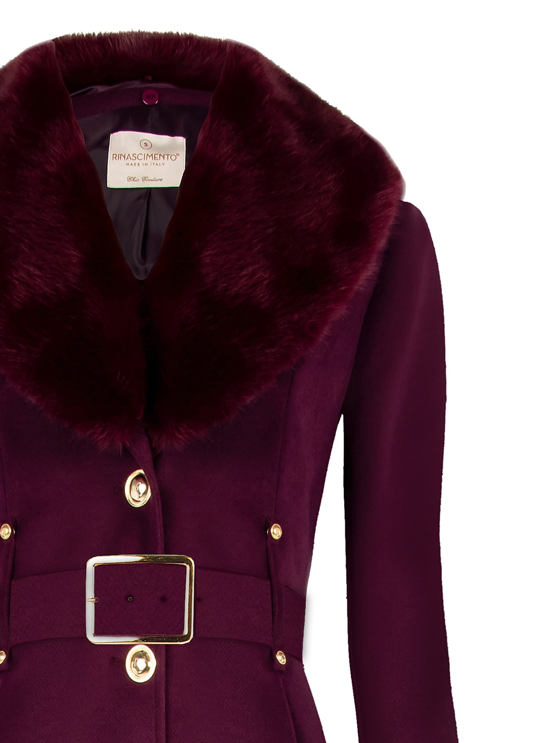 Cappotto Lungo Sfiancato In Velour Con Collo In Pelliccia Sintetica Removibile E Cintura In Similpelle Rinascimento