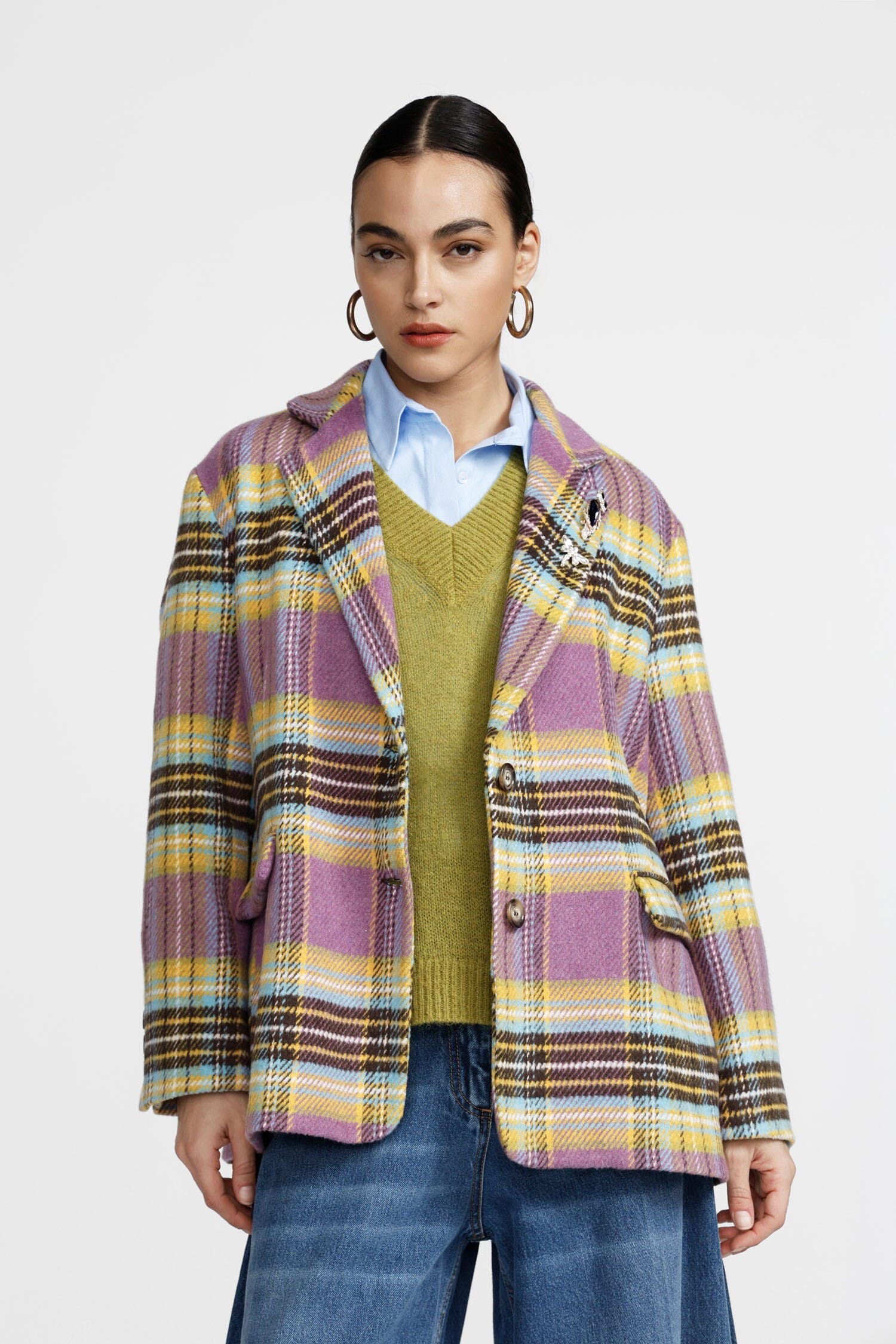 Blazer à carreaux avec poches sur le devant et épingle décorative Dixie