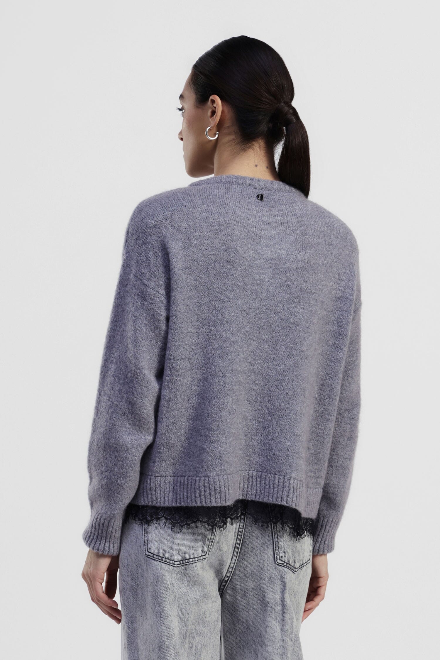 Crew Neck Sweater With Exposed Lace Trim Dixie