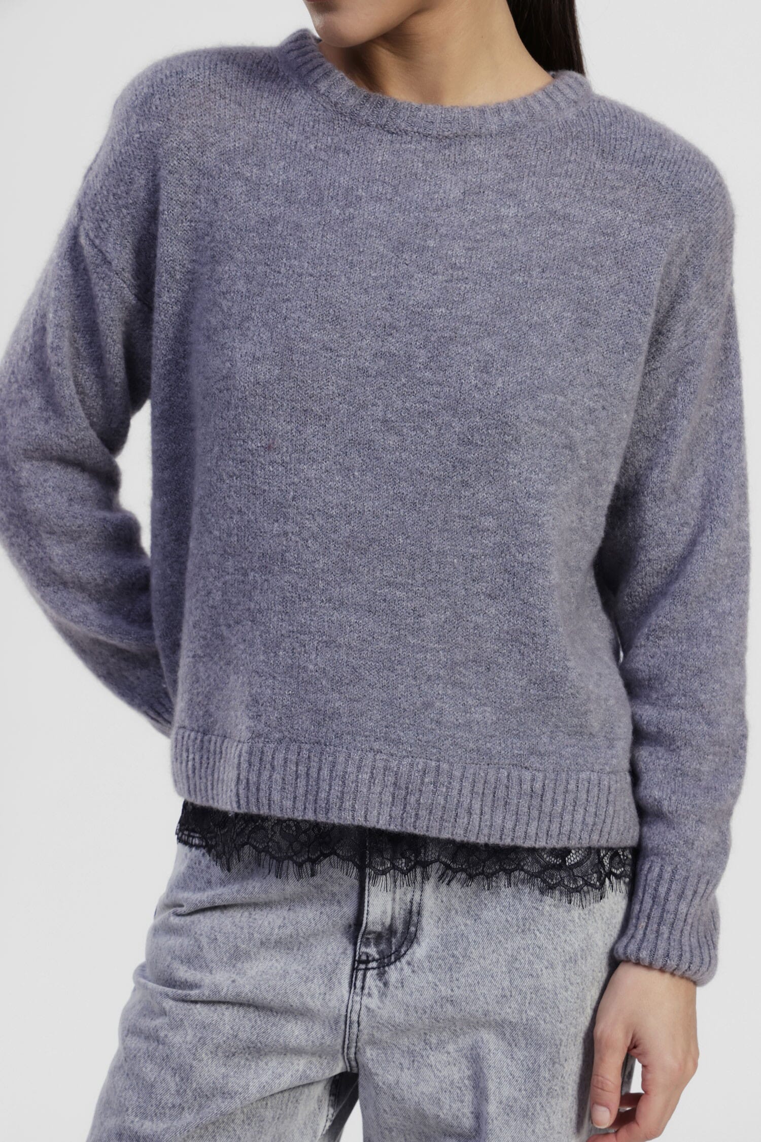 Crew Neck Sweater With Exposed Lace Trim Dixie