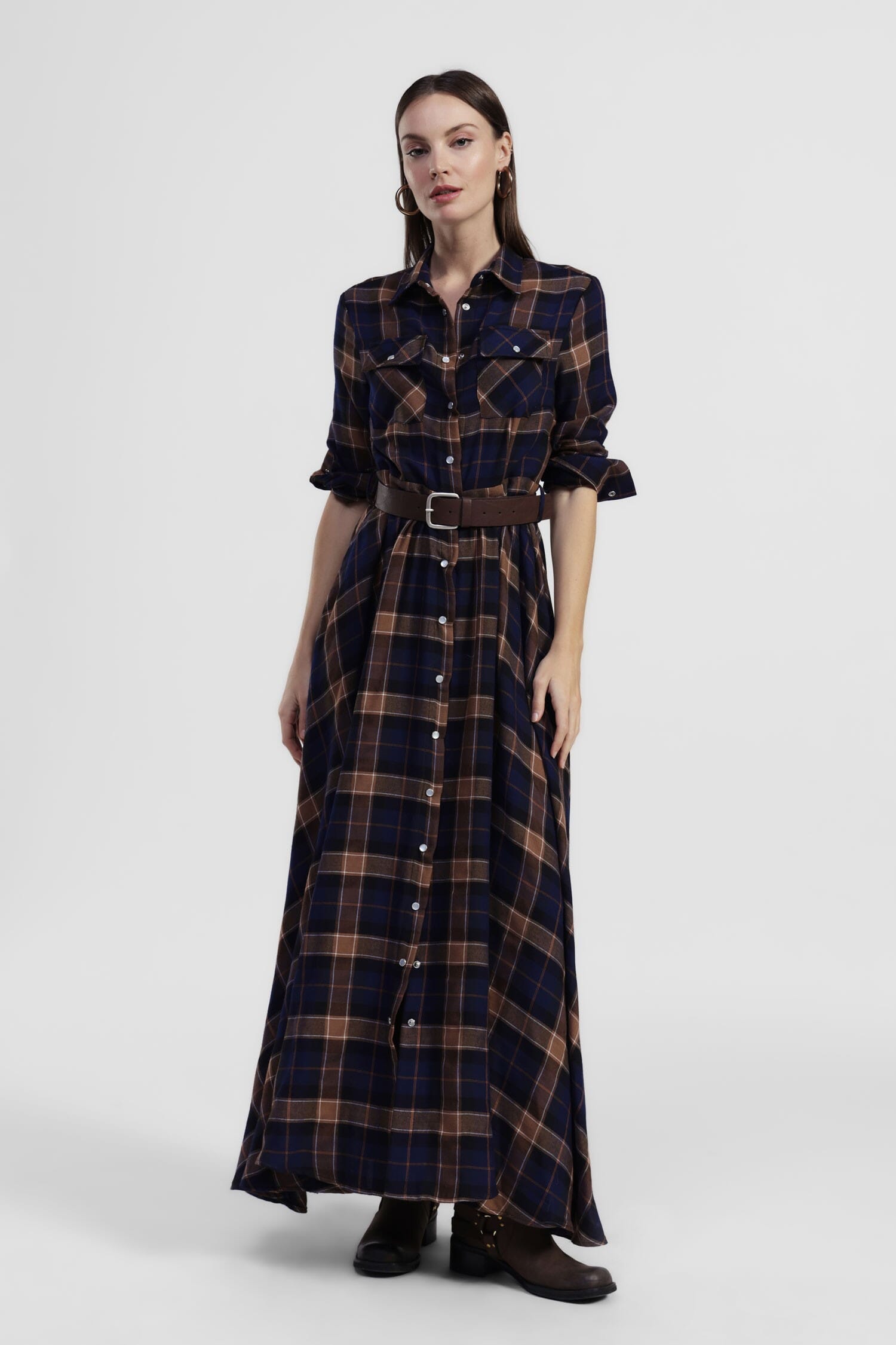 Long Checkered Dress With Belt And Dixie Pockets