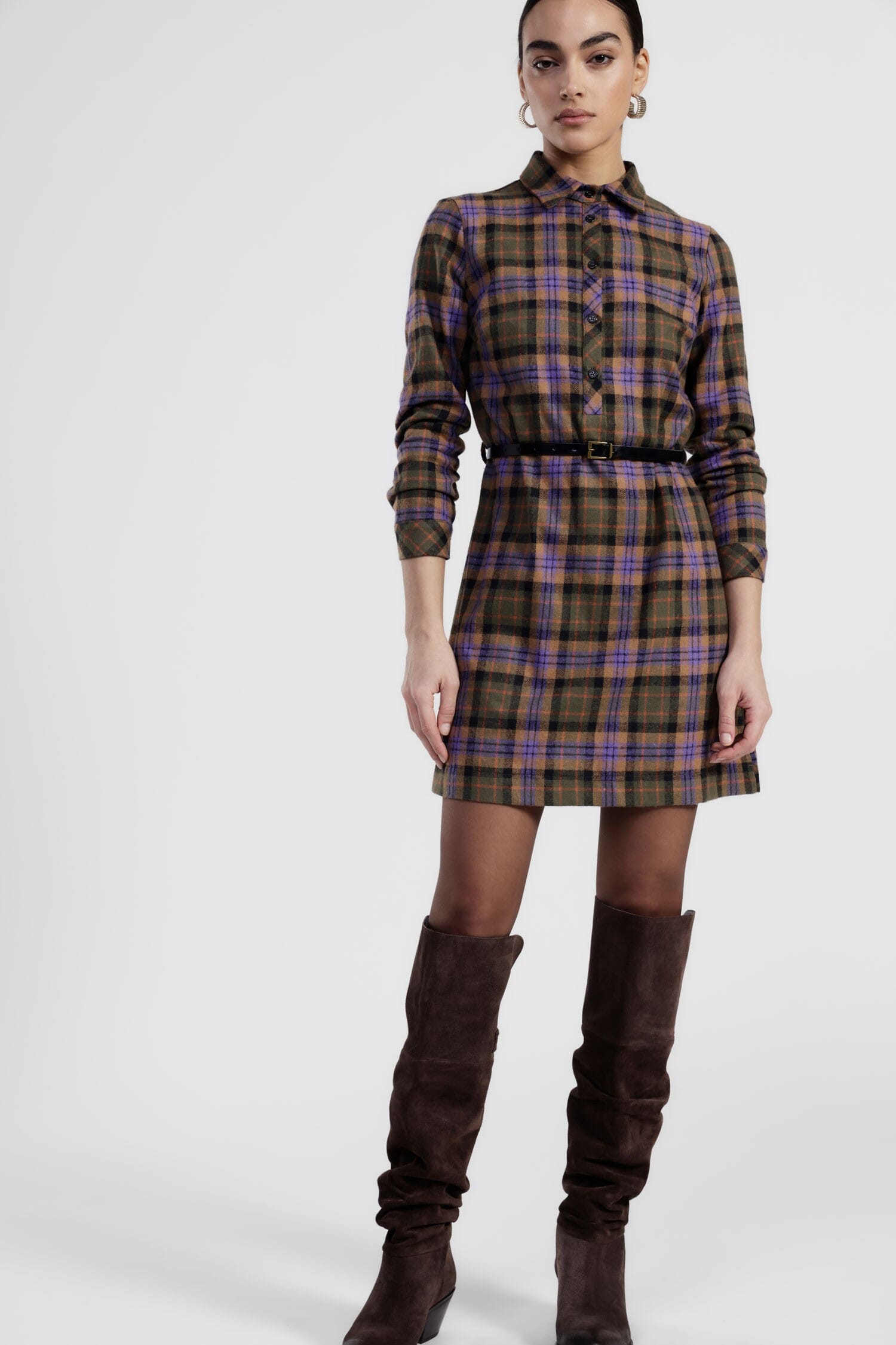 Abito Corto A Quadri Con Cintura E Maniche Lunghe Dixie