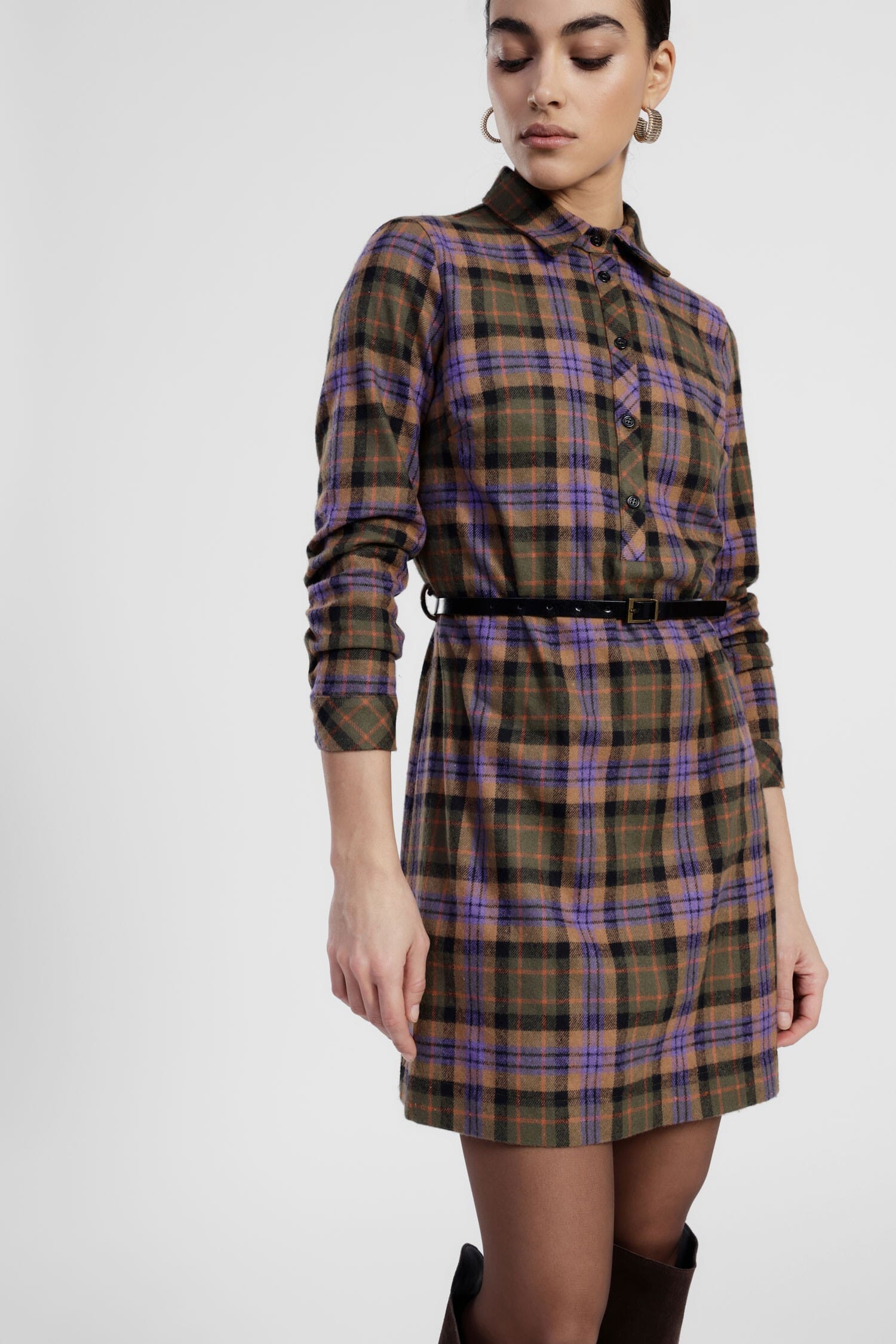 Abito Corto A Quadri Con Cintura E Maniche Lunghe Dixie