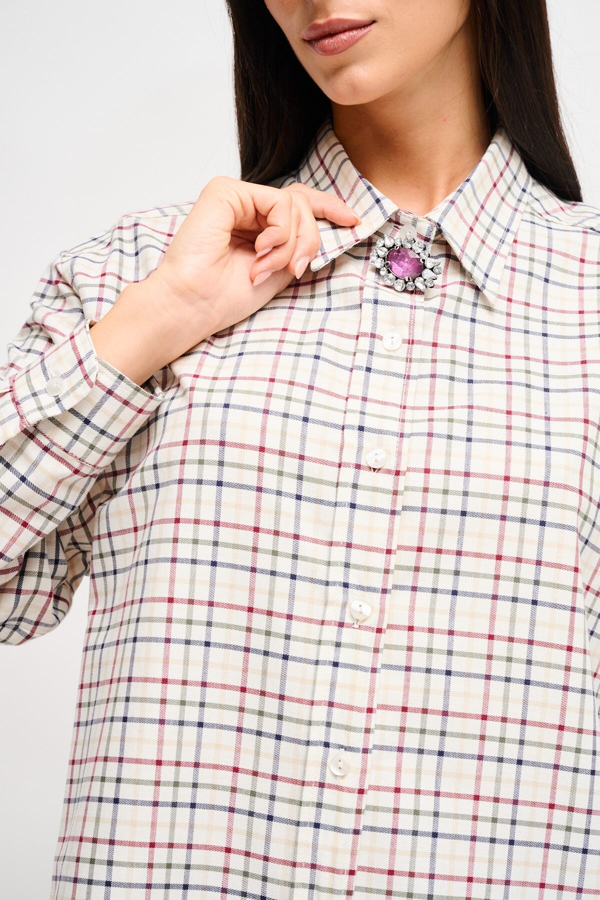 Maryley Check Over Shirt With Jewelled Brooch